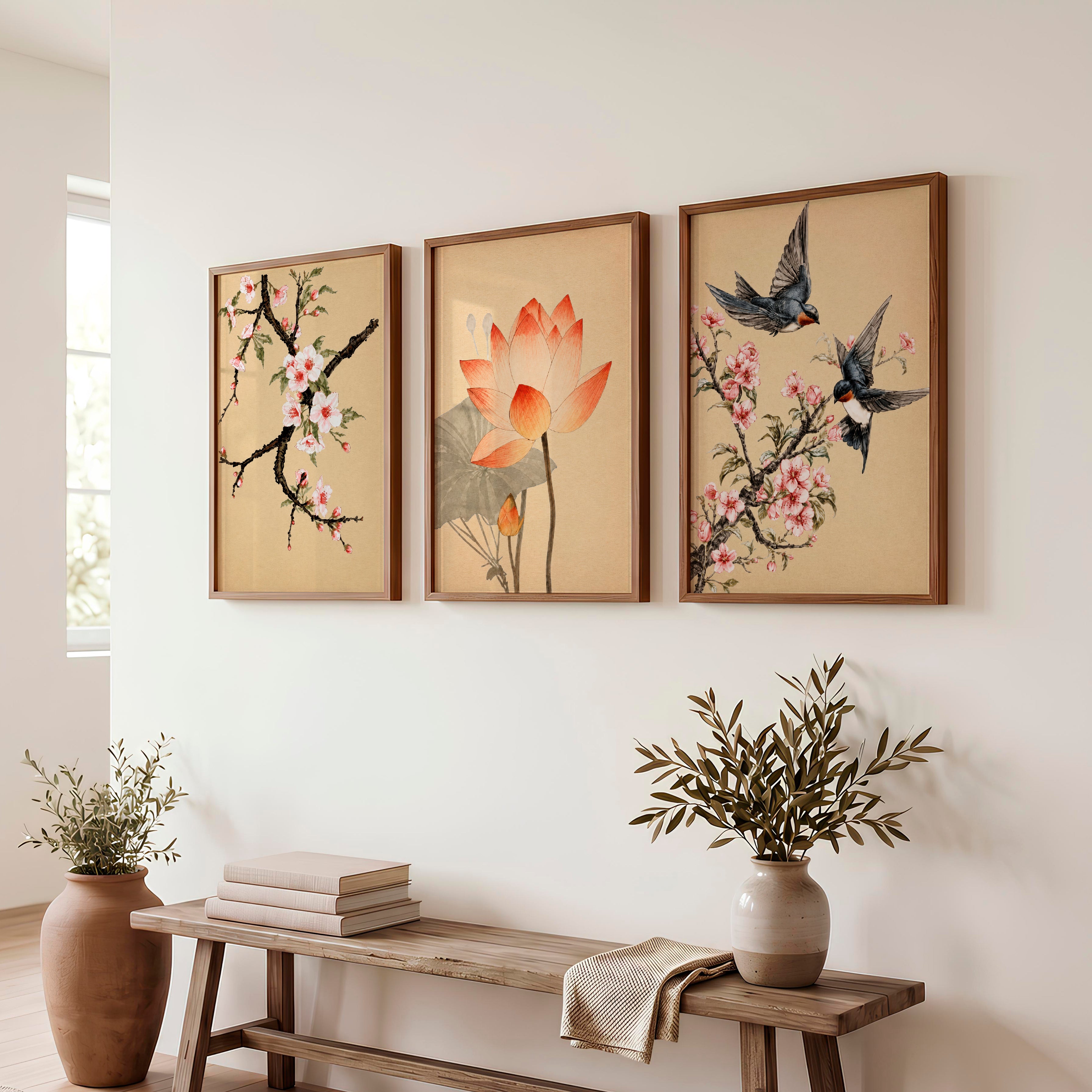 Lotus and Blossom Japandi Style Room Art - Dark Brown Framed Poster No Border - Artworksets