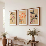 Lotus and Blossom Japandi Style Room Art - Dark Brown Framed Poster with White Border - Artworksets