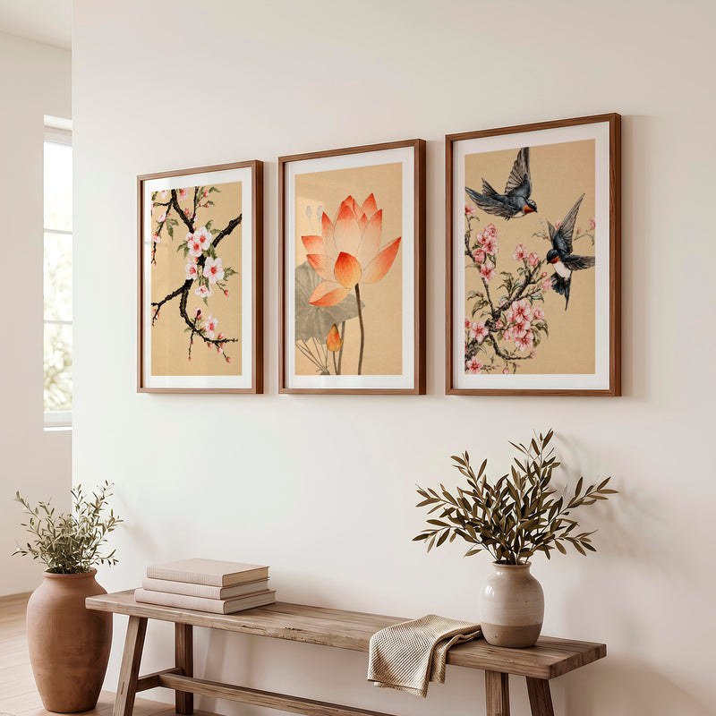 Lotus and Blossom Japandi Style Room Art - Dark Brown Framed Poster with White Border - Artworksets