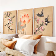 Lotus and Blossom Japandi Style Room Art - Natural Wood Framed Poster No Border - Artworksets