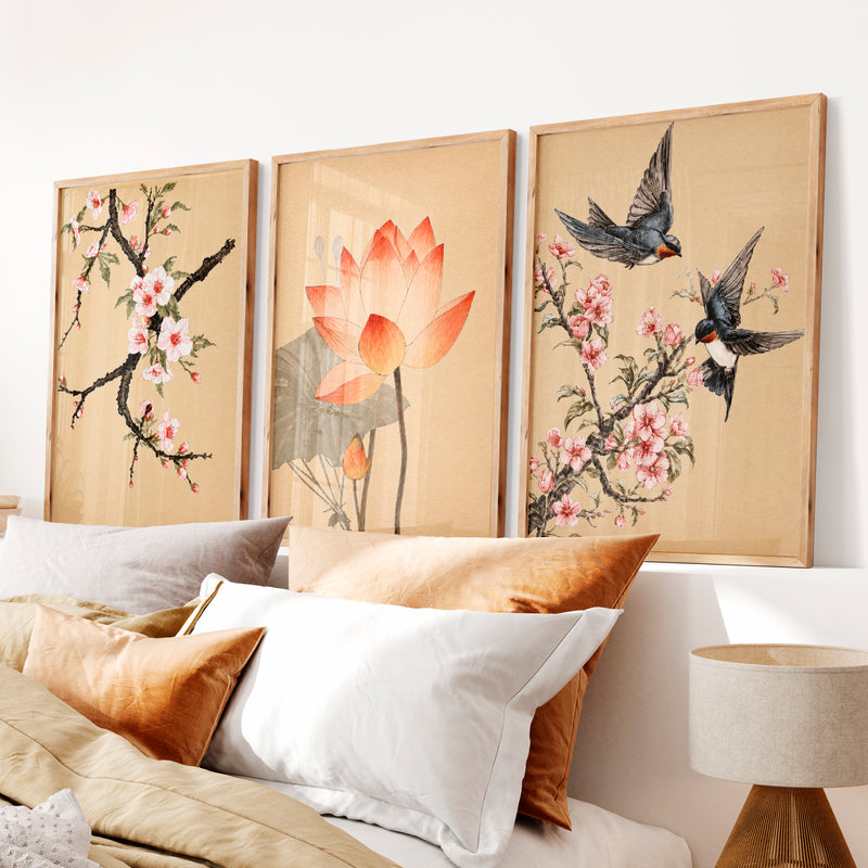Lotus and Blossom Japandi Style Room Art - Natural Wood Framed Poster No Border - Artworksets
