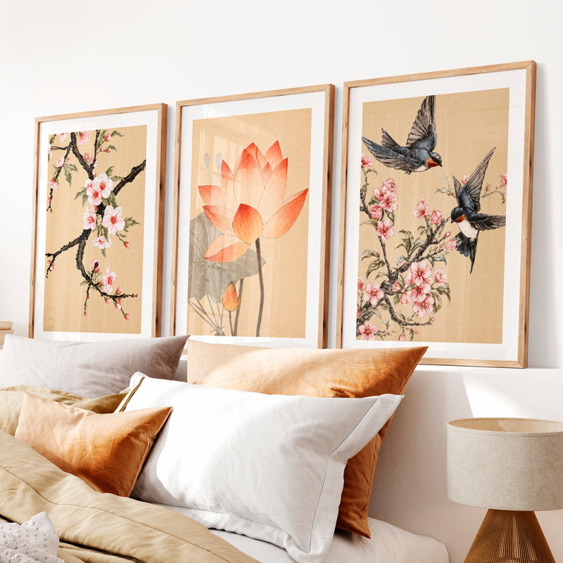 Lotus and Blossom Japandi Style Room Art- Natural Wood Framed Poster with White Border - Artworksets