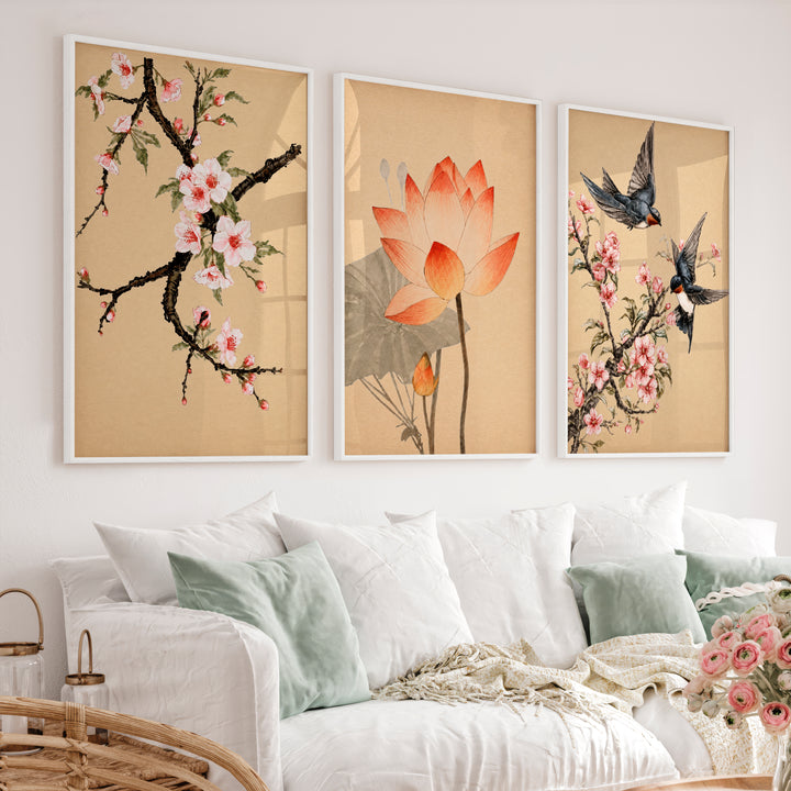 Lotus and Blossom Japandi Style Room Art - White Framed Poster No Border - Artworksets
