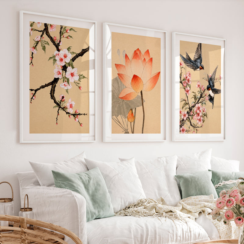 Lotus and Blossom Japandi Style Room Art - White Framed Poster with White Border - Artworksets