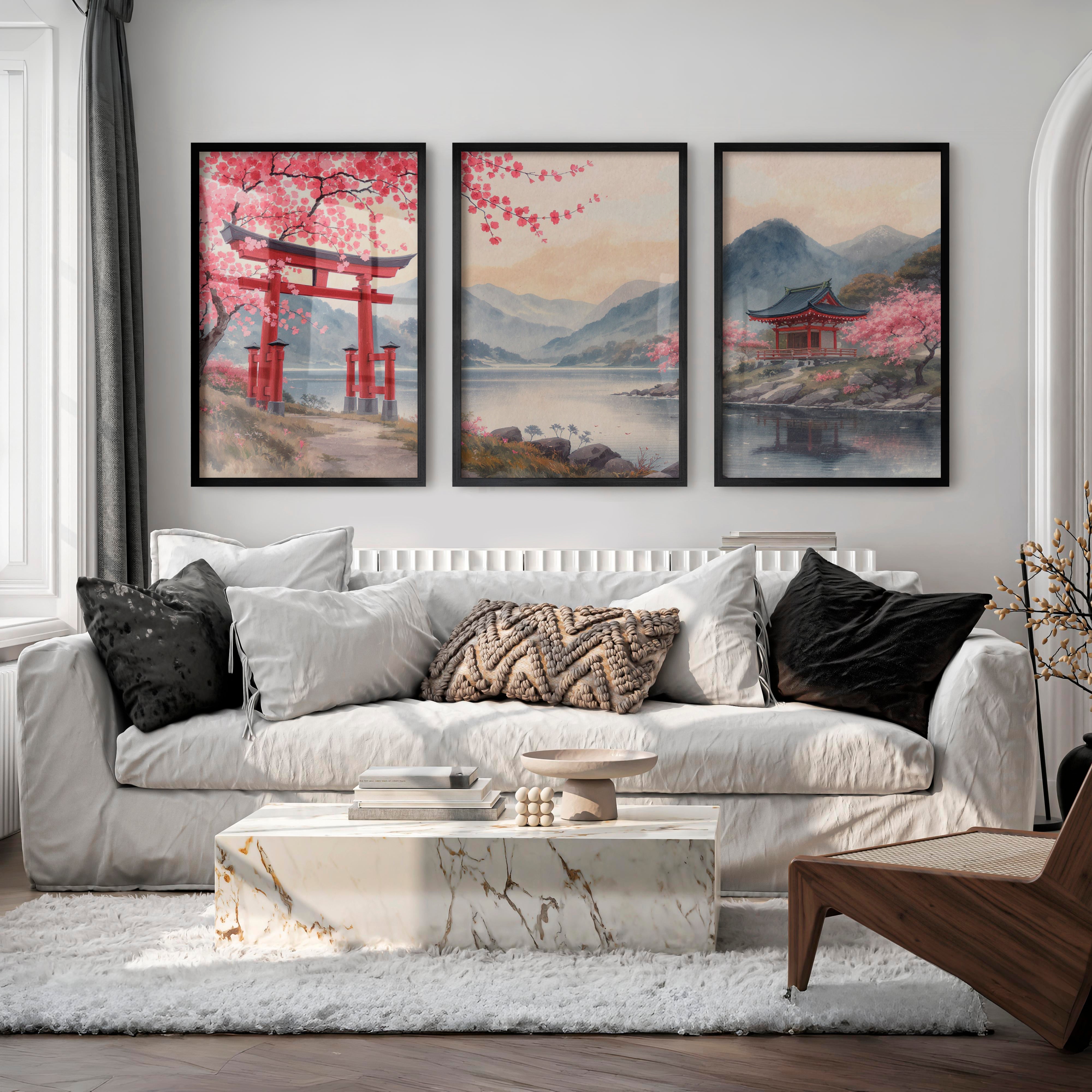 Torii Gate Lake Wall Art in japandi style - Black Framed Poster No Border - Artworksets