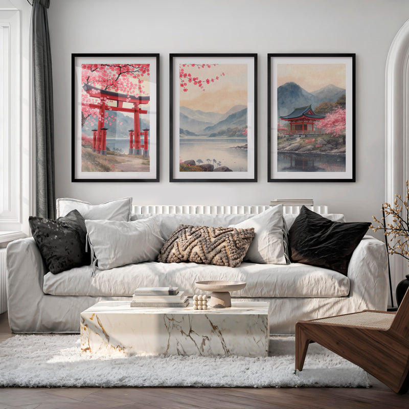 Torii Gate Lake Wall Art in japandi style - Black Framed Poster with White Border - Artworksets