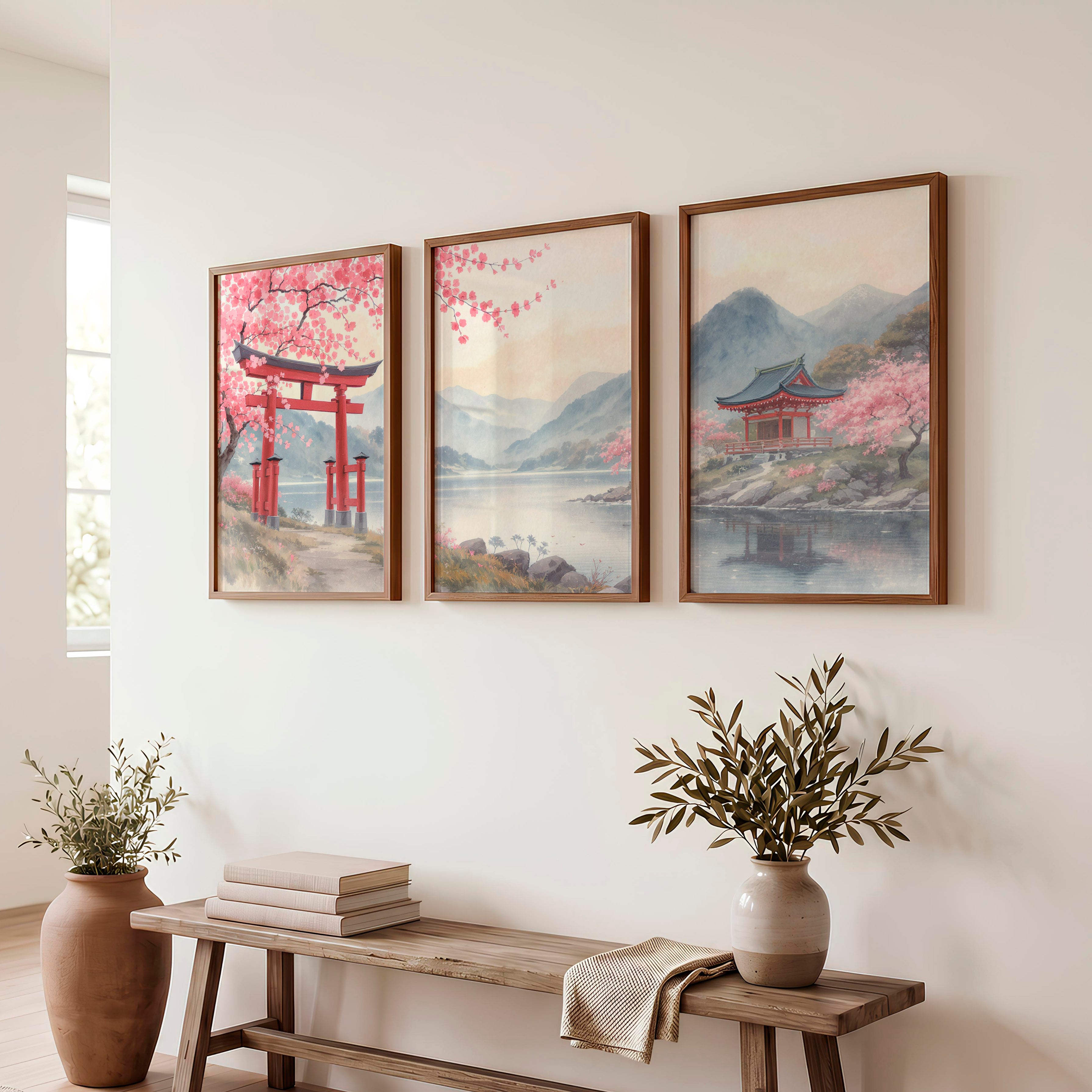 Torii Gate Lake Wall Art in japandi style - Dark Brown Framed Poster No Border - Artworksets