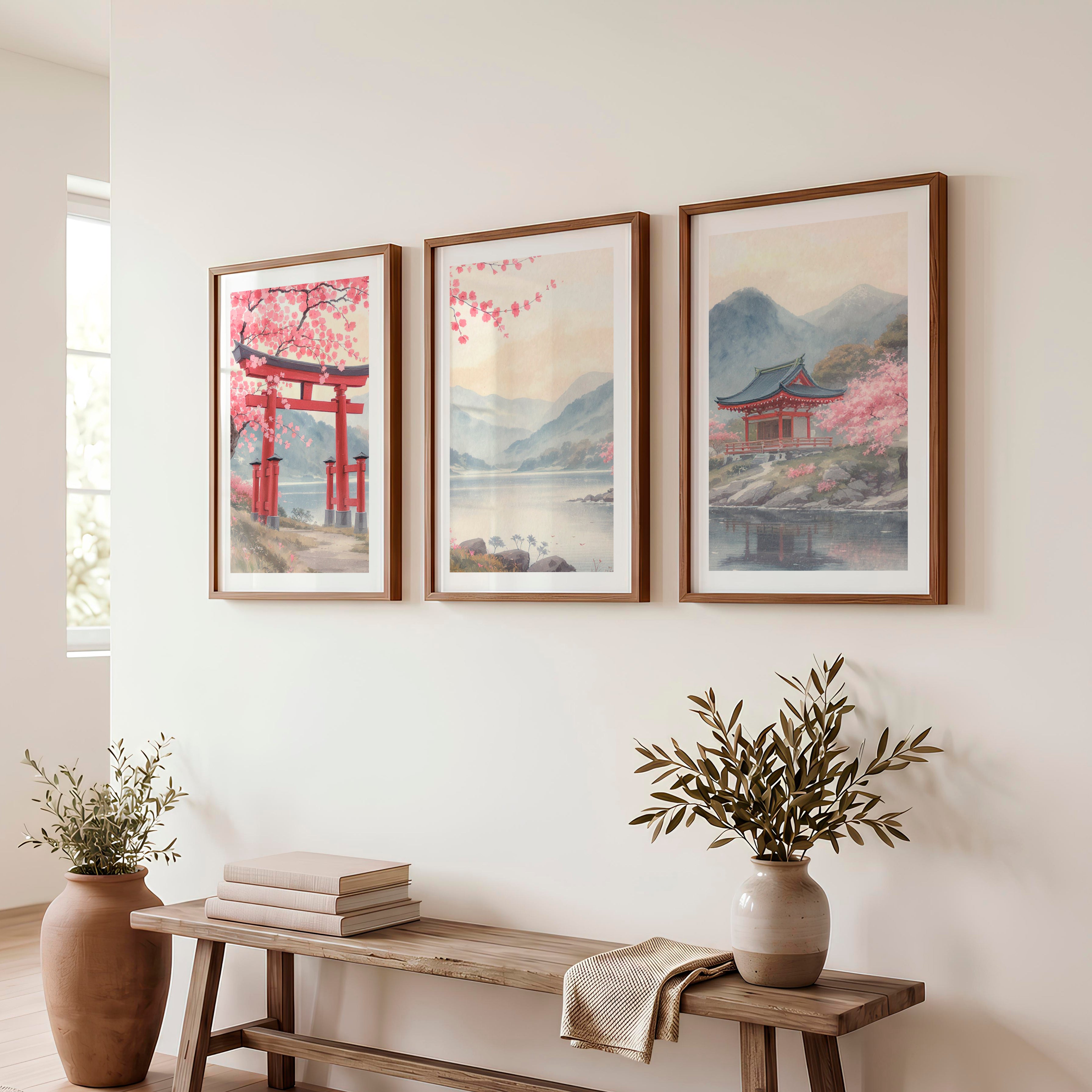 Torii Gate Lake Wall Art in japandi style - Dark Brown Framed Poster with White Border - Artworksets