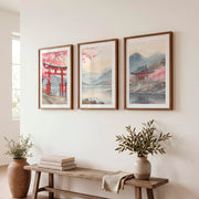 Torii Gate Lake Wall Art in japandi style - Dark Brown Framed Poster with White Border - Artworksets