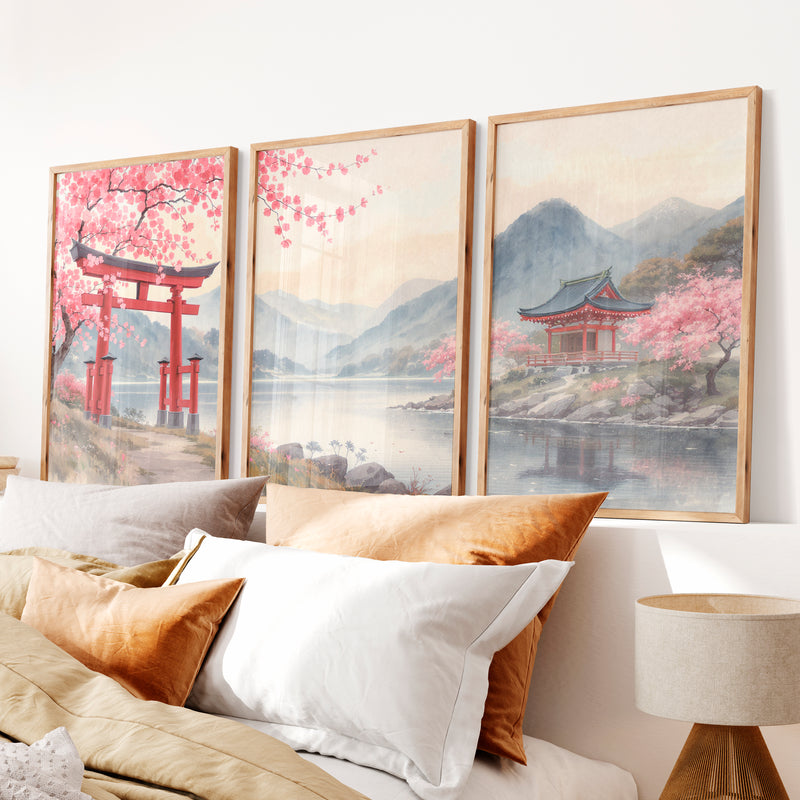 Torii Gate Lake Wall Art in japandi style - Natural Wood Framed Poster No Border - Artworksets