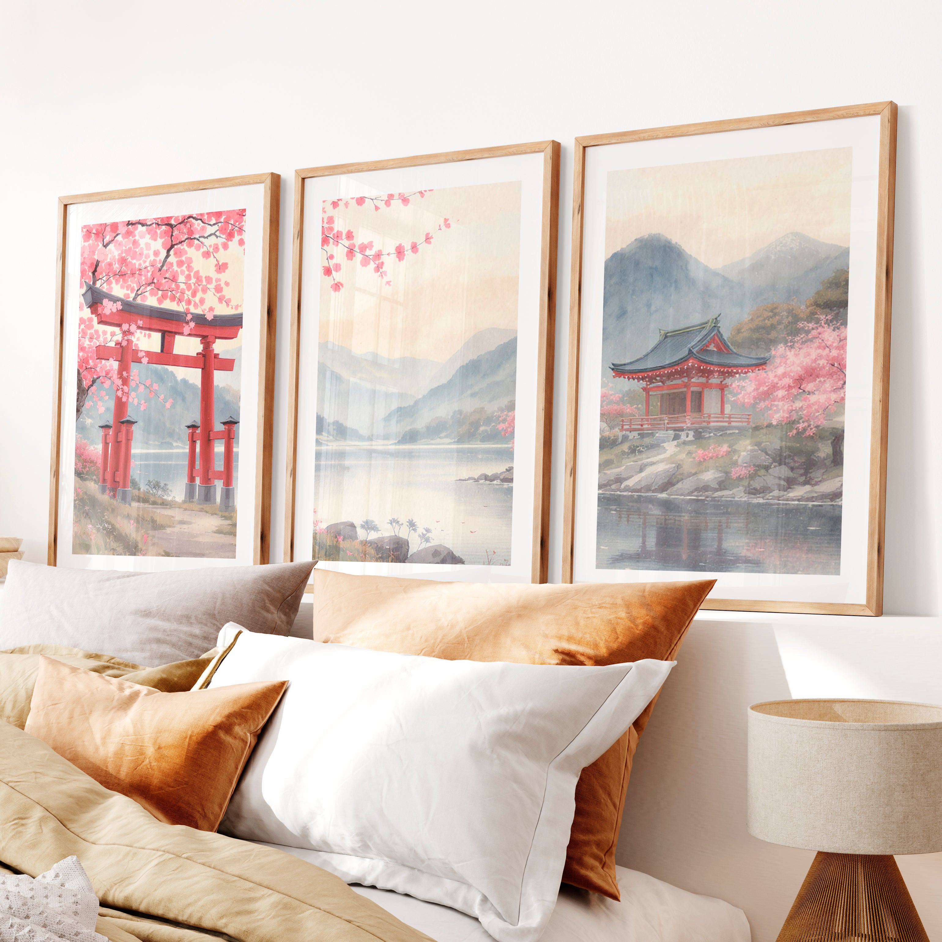 Torii Gate Lake Wall Art in japandi style- Natural Wood Framed Poster with White Border - Artworksets