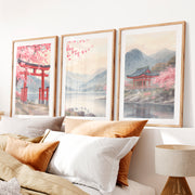 Torii Gate Lake Wall Art in japandi style- Natural Wood Framed Poster with White Border - Artworksets