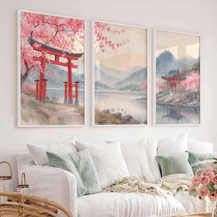 Torii Gate Lake Wall Art in japandi style - White Framed Poster No Border - Artworksets