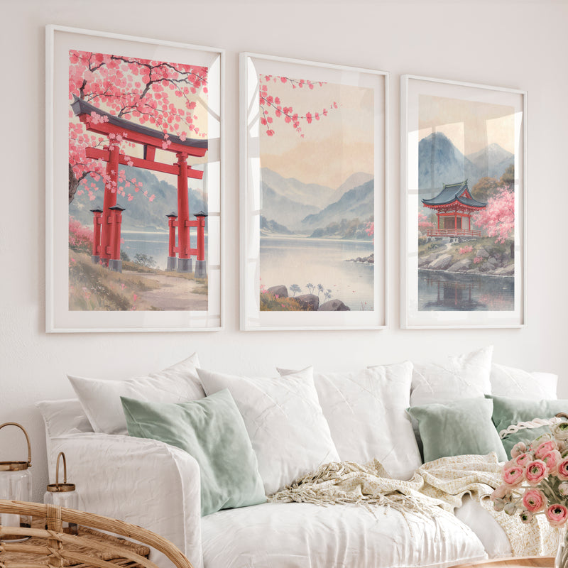 Torii Gate Lake Wall Art in japandi style - White Framed Poster with White Border - Artworksets
