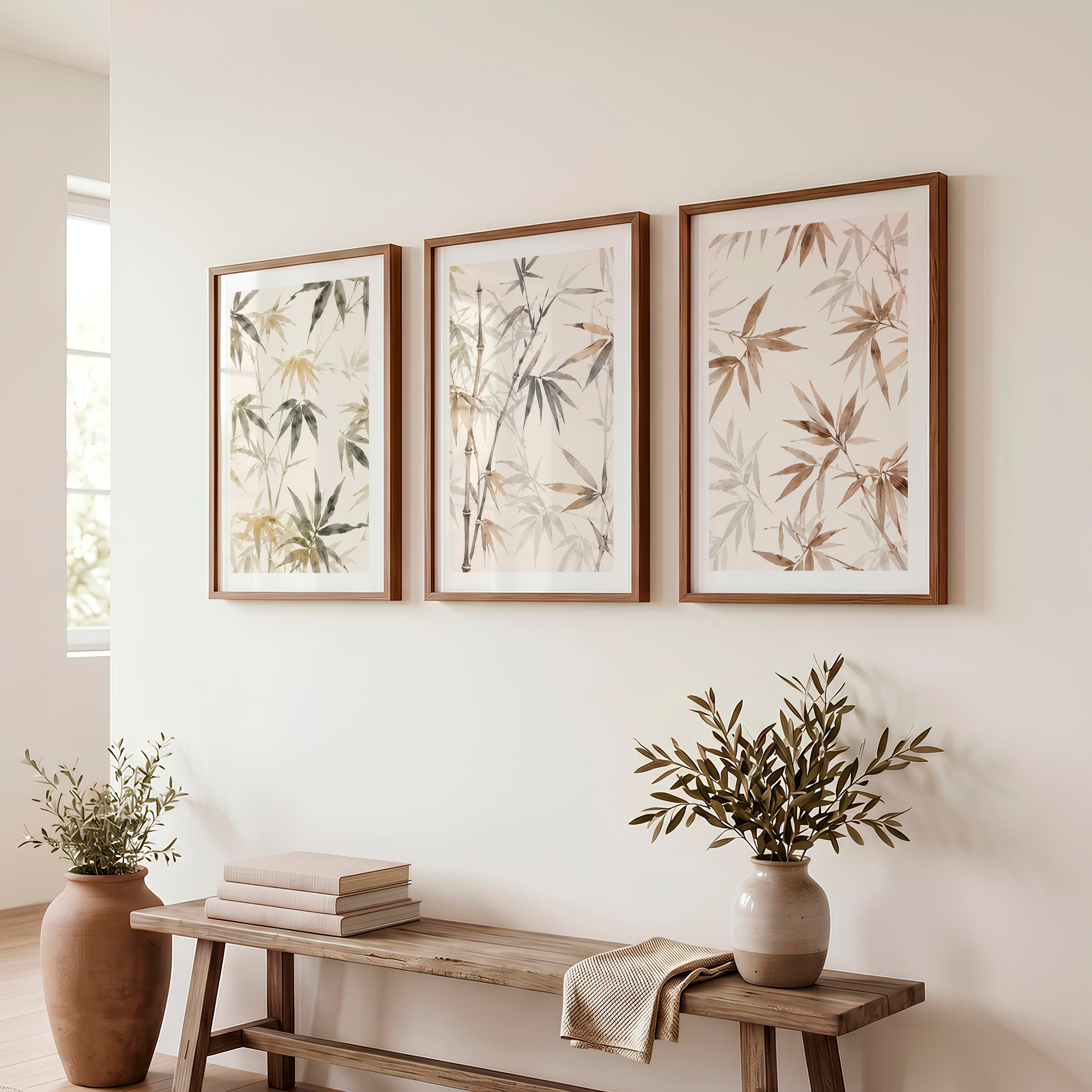 Layered Bamboo japandi wall art - Dark Brown Framed Poster with White Border - Artworksets