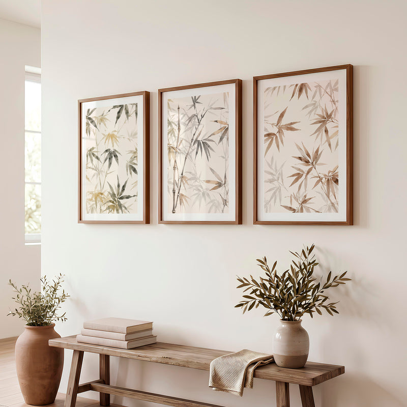 Layered Bamboo japandi wall art - Dark Brown Framed Poster with White Border - Artworksets
