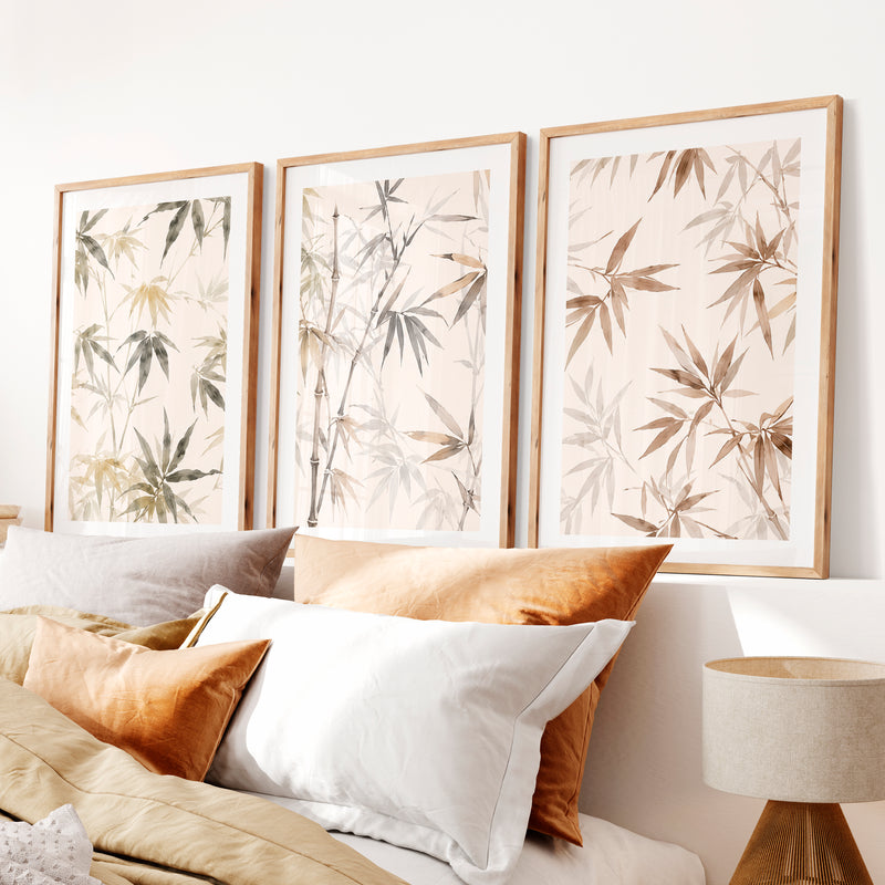 Layered Bamboo japandi wall art- Natural Wood Framed Poster with White Border - Artworksets