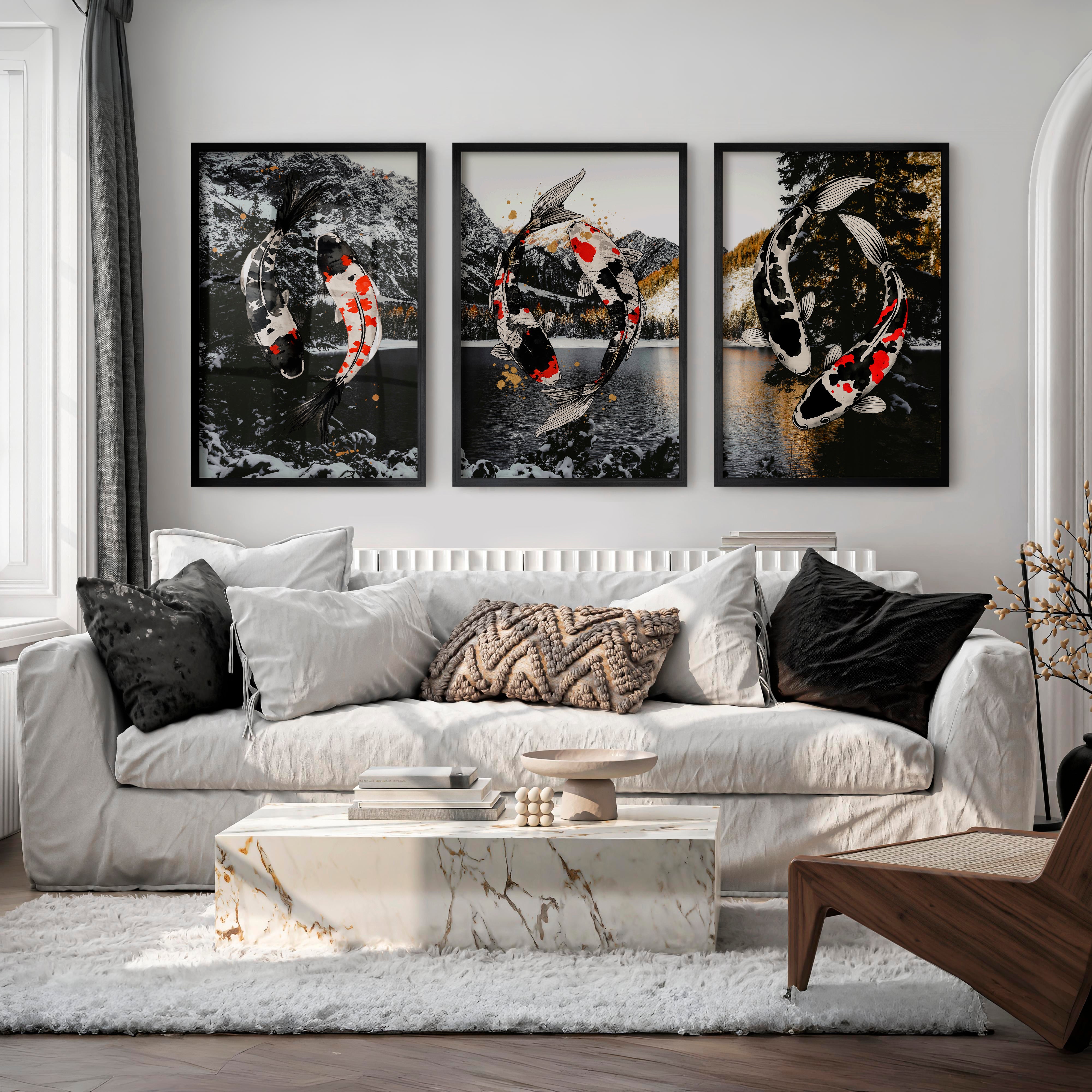 Flowing Koi Japandi Wall Art - Black Framed Poster No Border - Artworksets