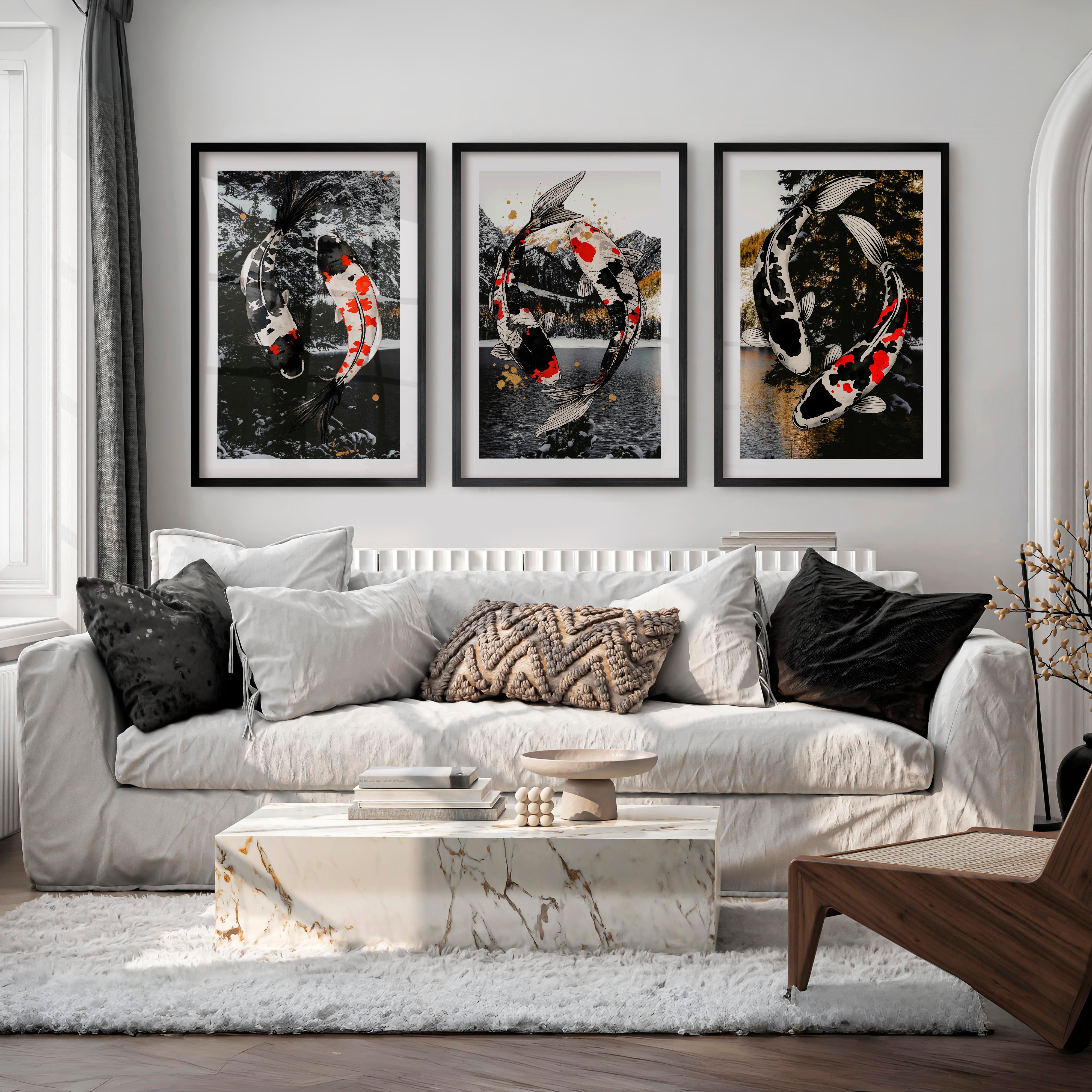 Flowing Koi Japandi Wall Art - Black Framed Poster with White Border - Artworksets