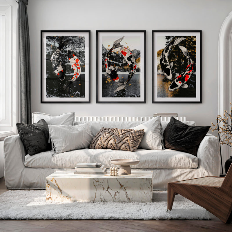 Flowing Koi Japandi Wall Art - Black Framed Poster with White Border - Artworksets