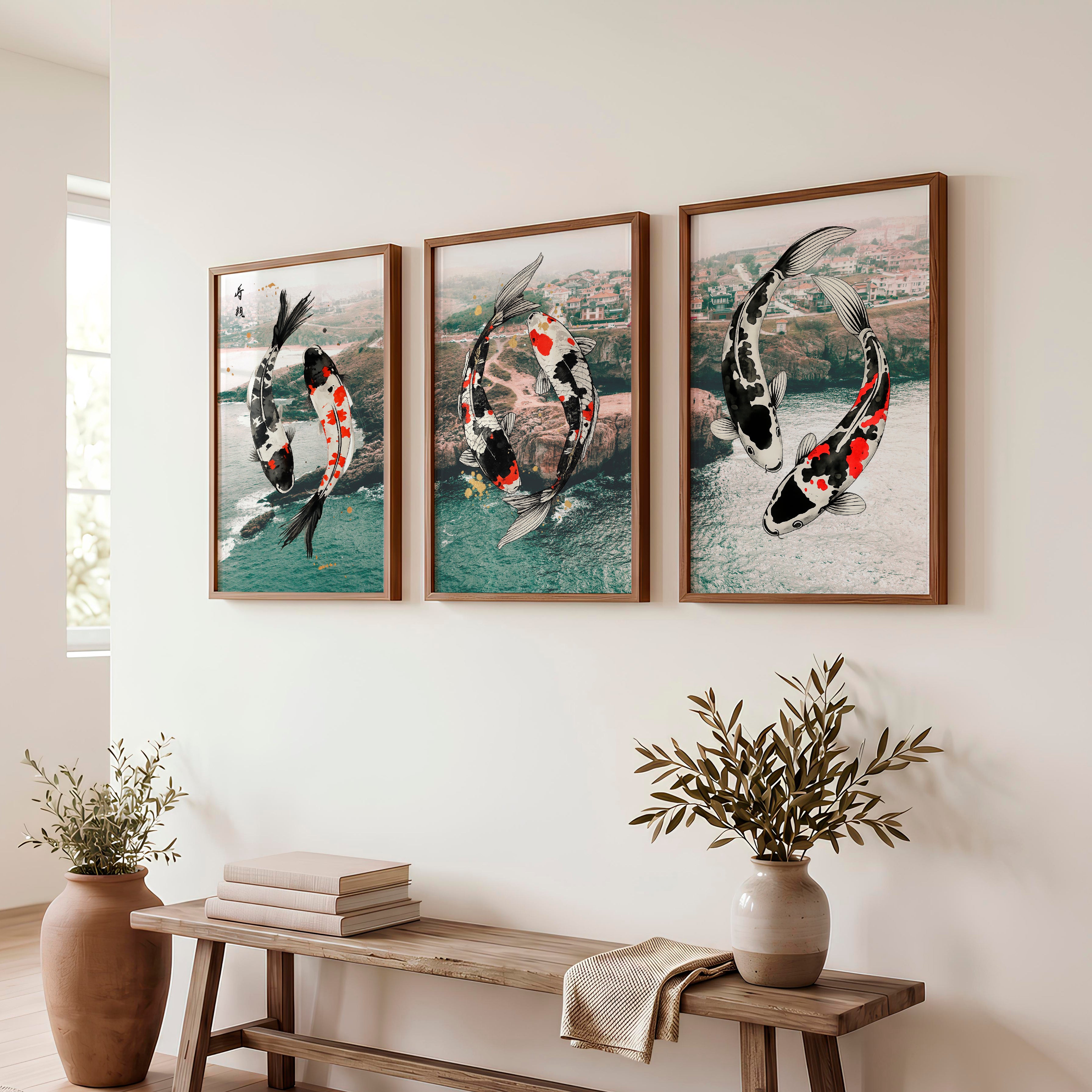 Flowing Koi Japandi Wall Art - Dark Brown Framed Poster No Border - Artworksets