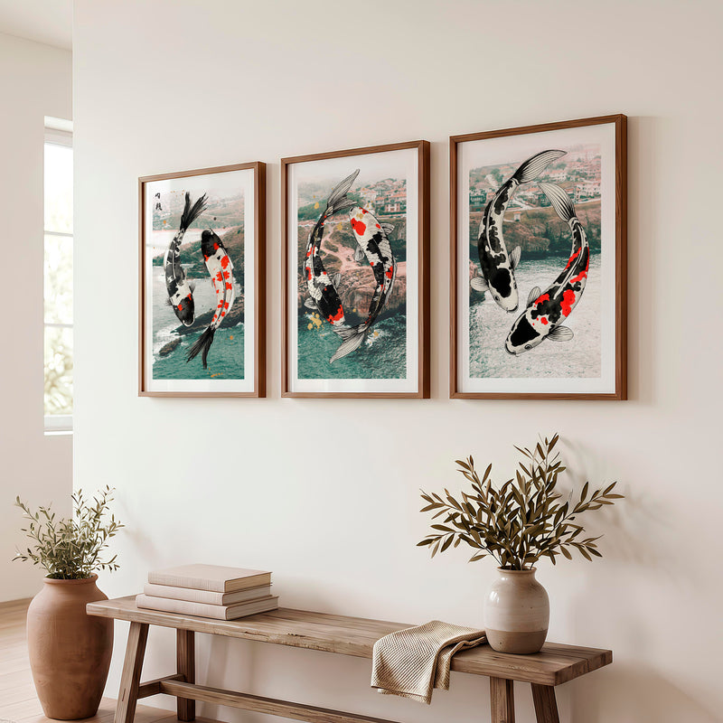 Flowing Koi Japandi Wall Art - Dark Brown Framed Poster with White Border - Artworksets