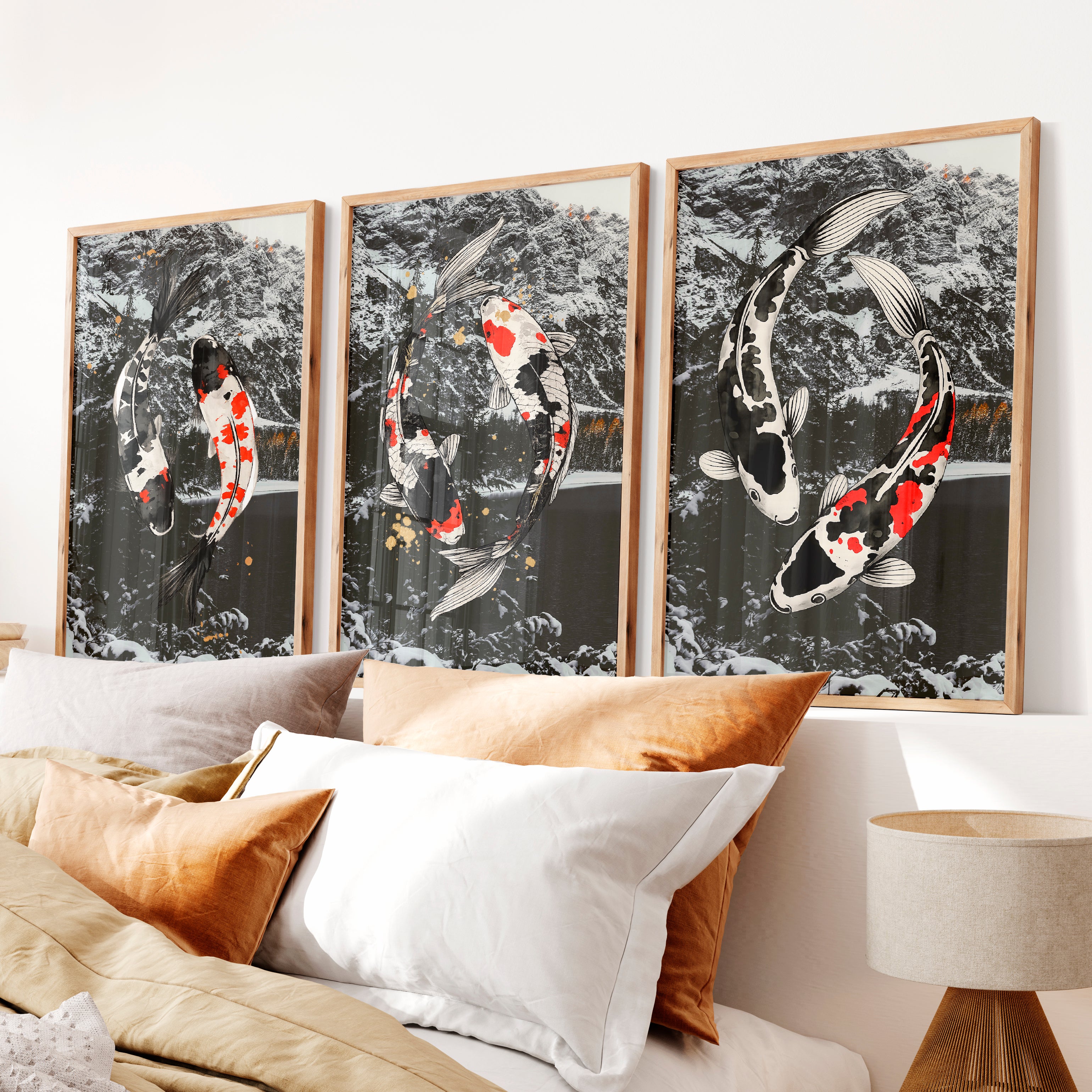 Flowing Koi Japandi Wall Art - Natural Wood Framed Poster No Border - Artworksets