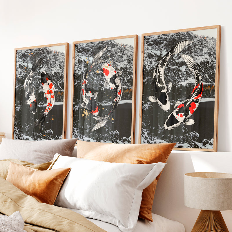Flowing Koi Japandi Wall Art - Natural Wood Framed Poster No Border - Artworksets