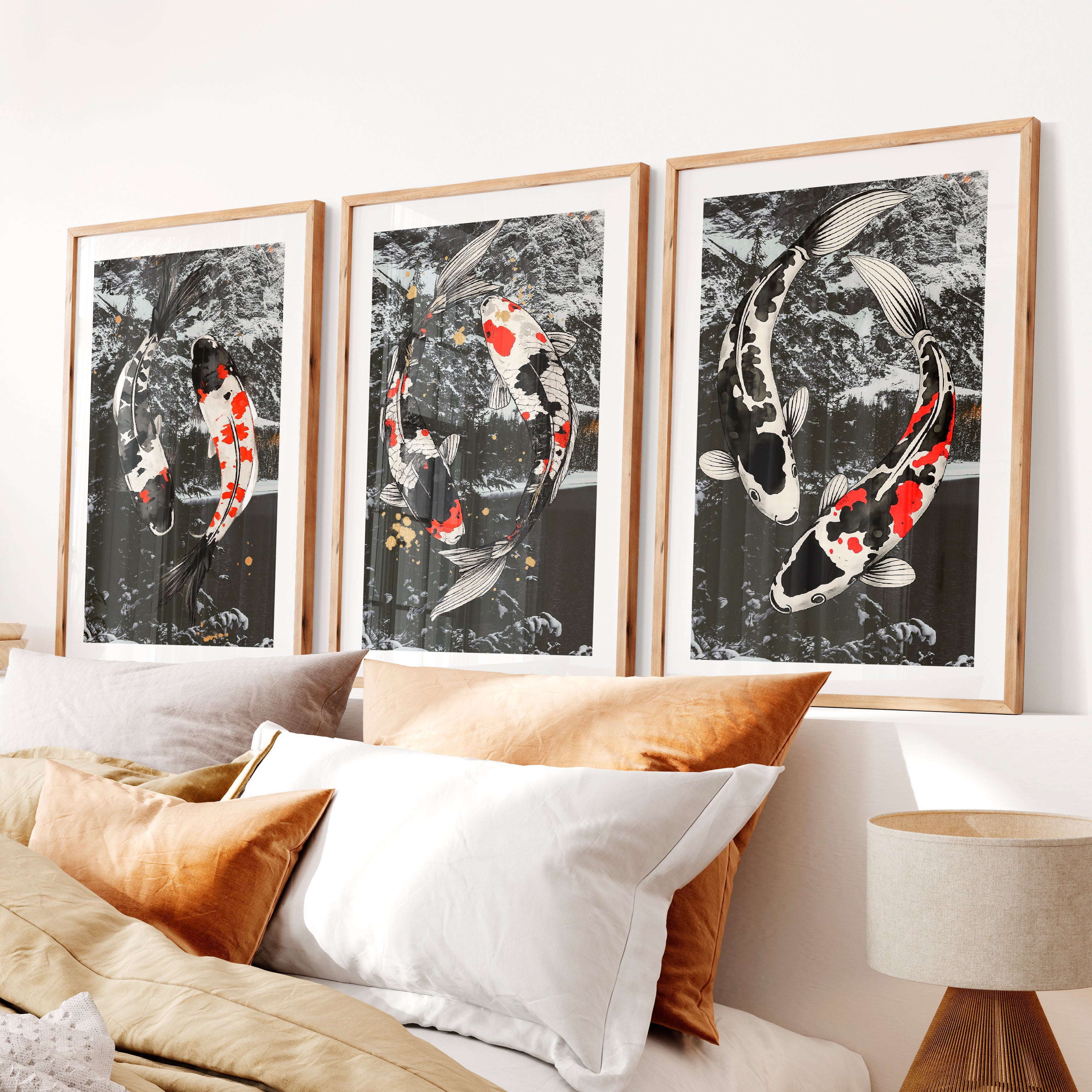 Flowing Koi Japandi Wall Art- Natural Wood Framed Poster with White Border - Artworksets