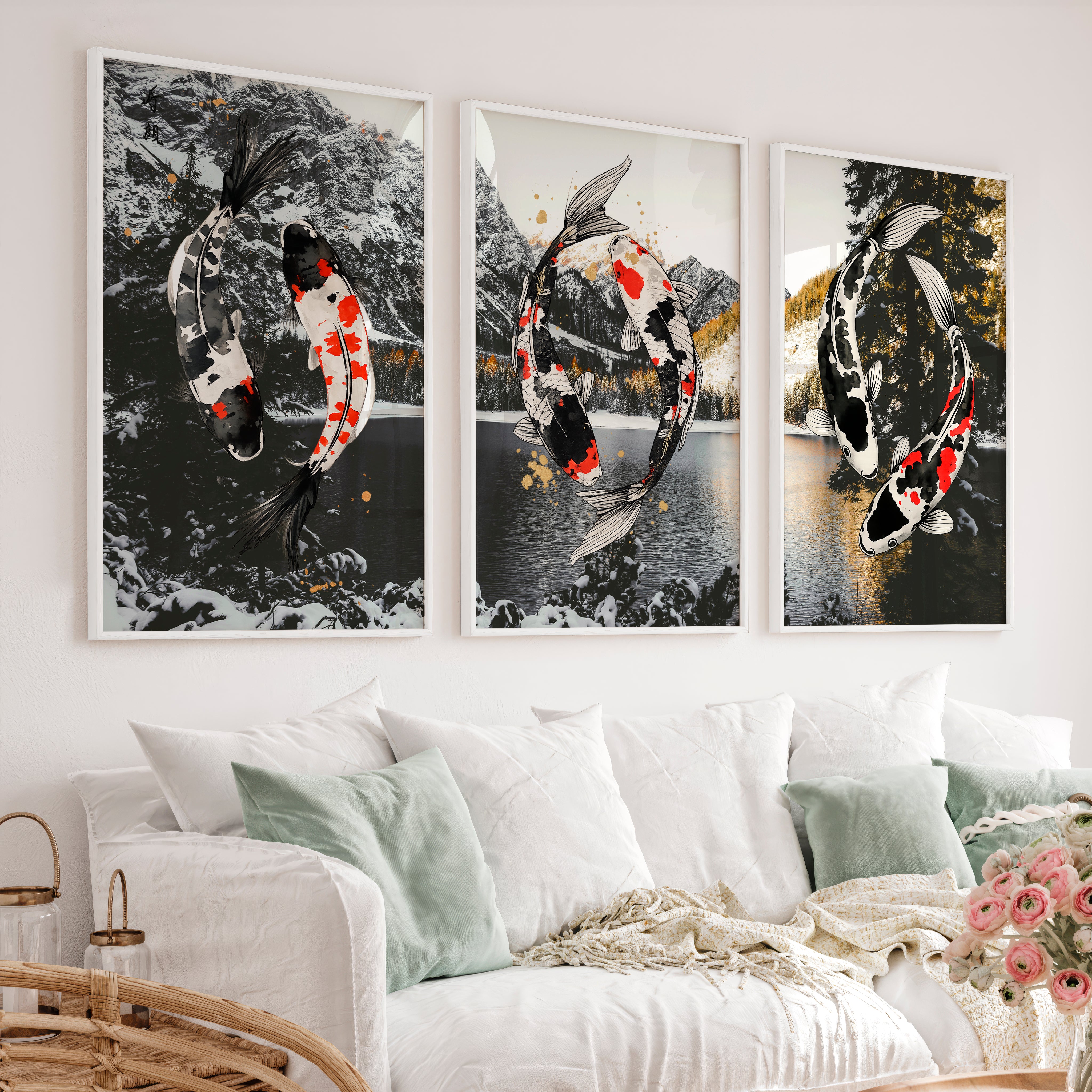 Flowing Koi Japandi Wall Art - White Framed Poster No Border - Artworksets