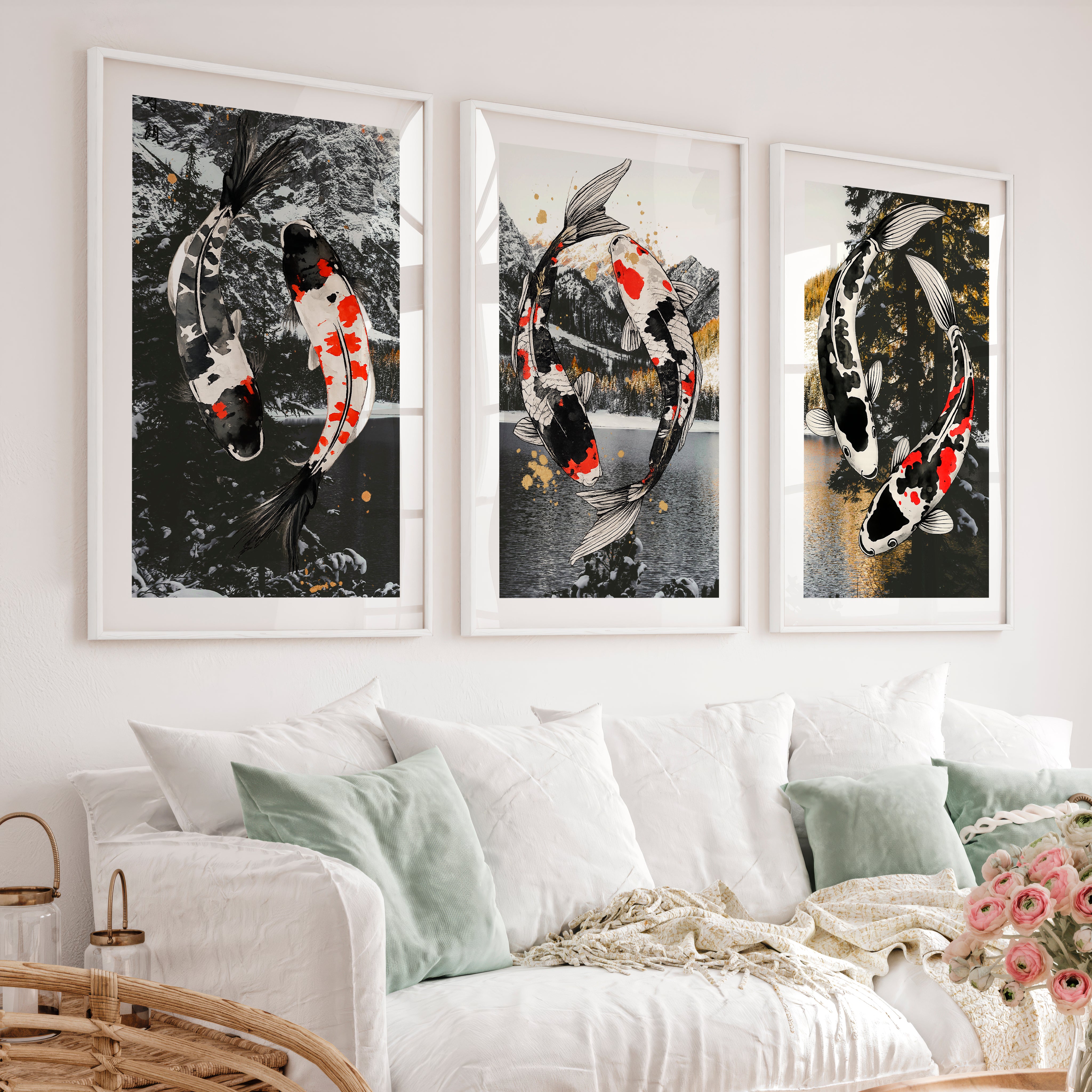 Flowing Koi Japandi Wall Art - White Framed Poster with White Border - Artworksets