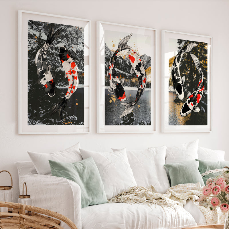 Flowing Koi Japandi Wall Art - White Framed Poster with White Border - Artworksets