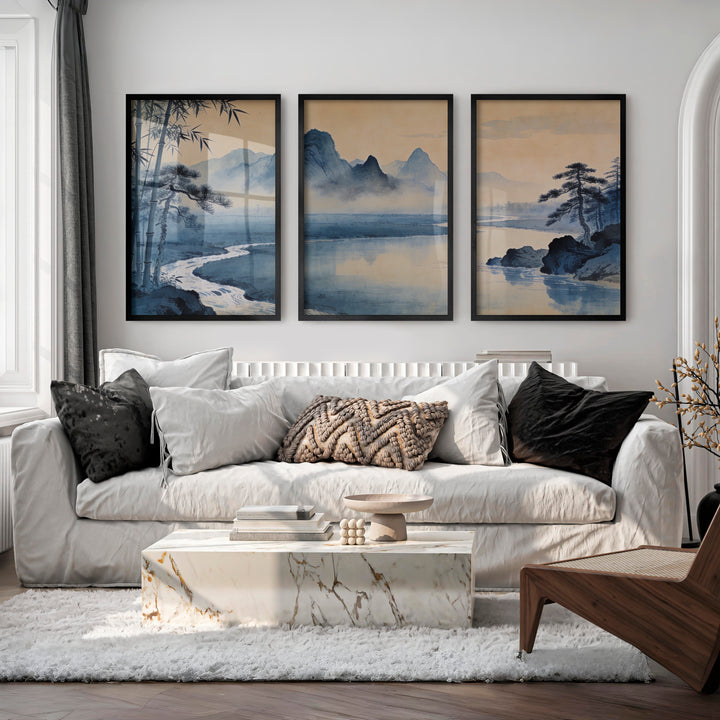 Mountain River japandi wall art with Bamboo - Black Framed Poster No Border - Artworksets