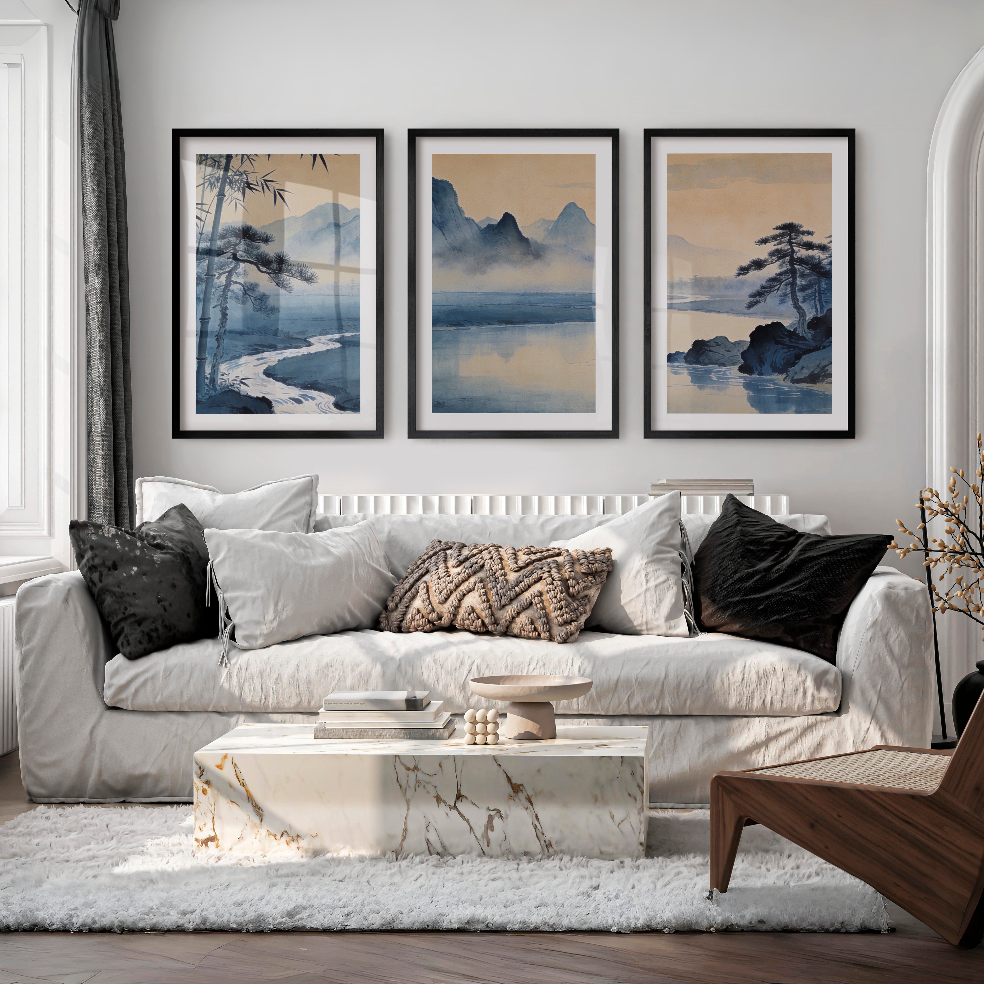 Mountain River japandi wall art with Bamboo - Black Framed Poster with White Border - Artworksets