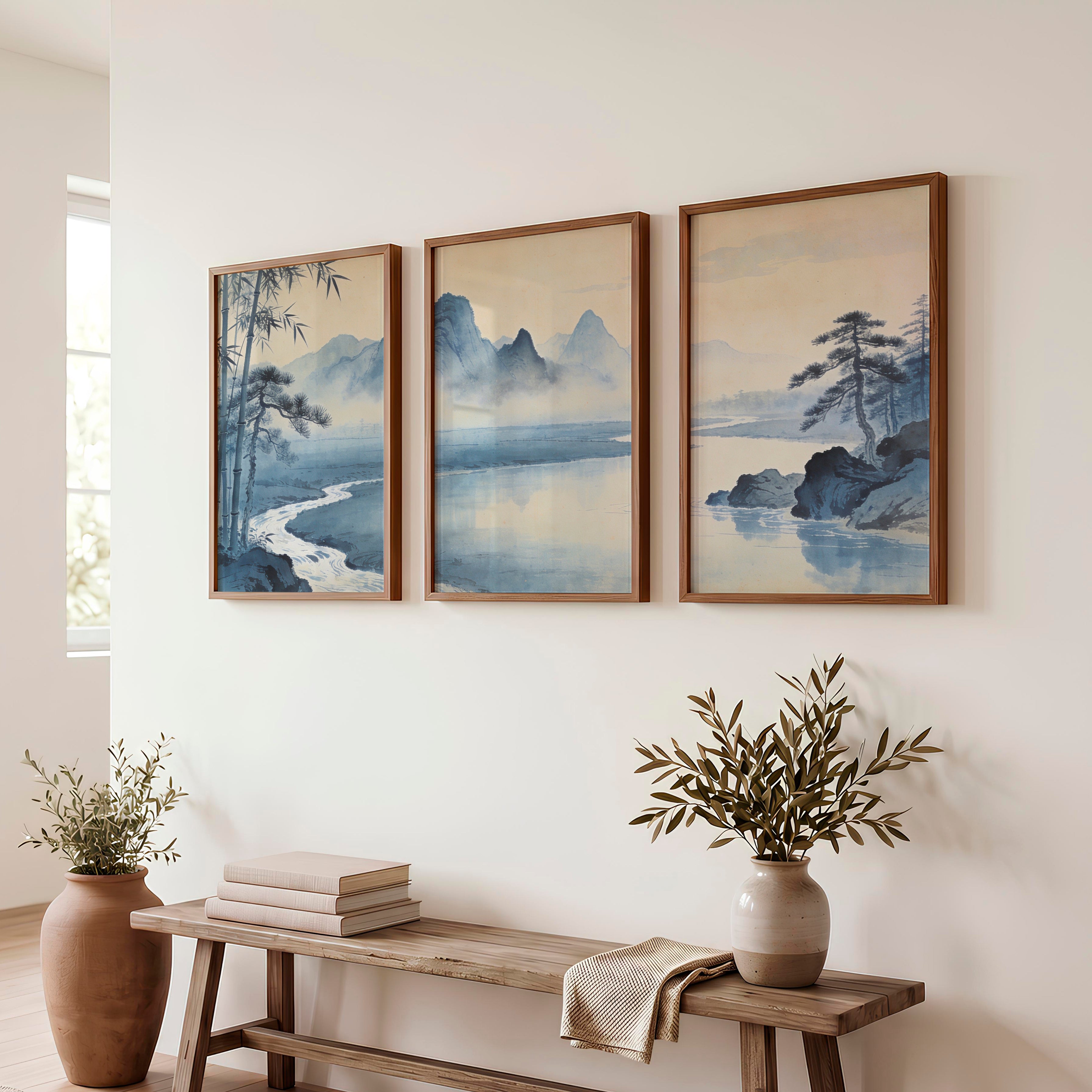 Mountain River japandi wall art with Bamboo - Dark Brown Framed Poster No Border - Artworksets