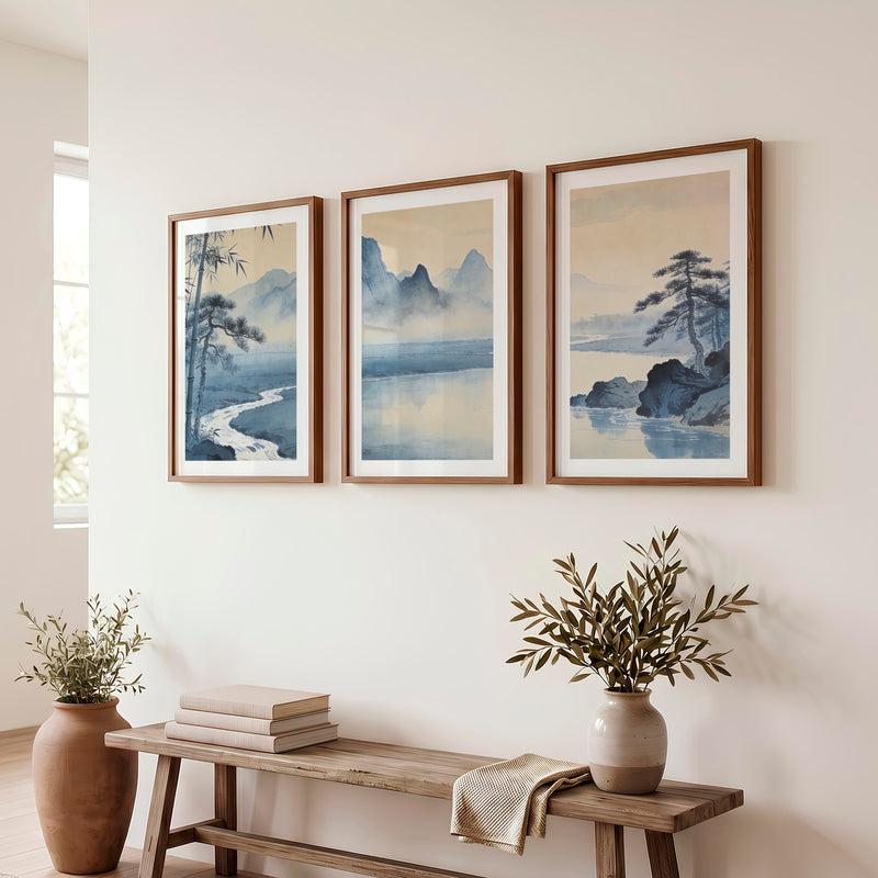 Mountain River japandi wall art with Bamboo - Dark Brown Framed Poster with White Border - Artworksets