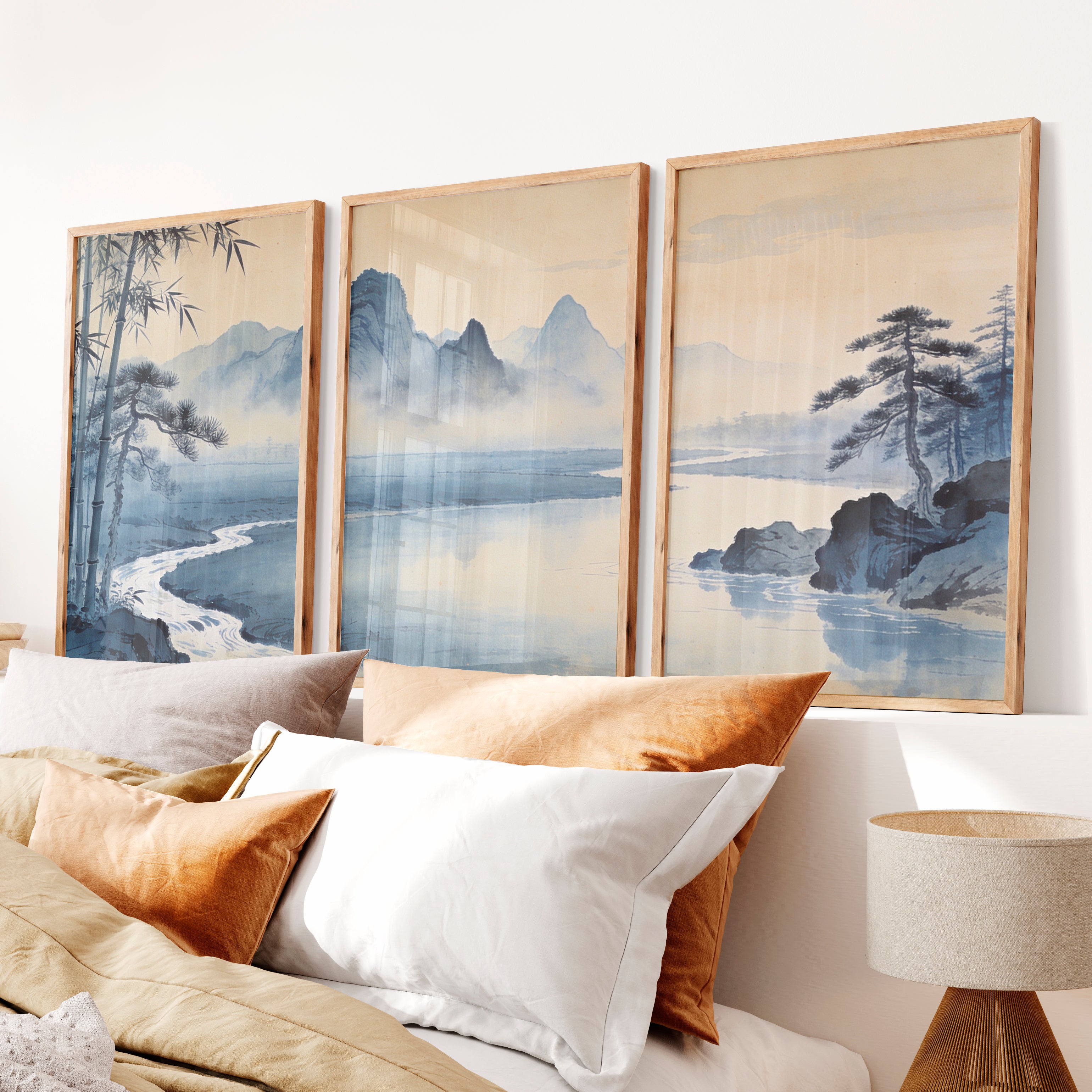 Mountain River japandi wall art with Bamboo - Natural Wood Framed Poster No Border - Artworksets