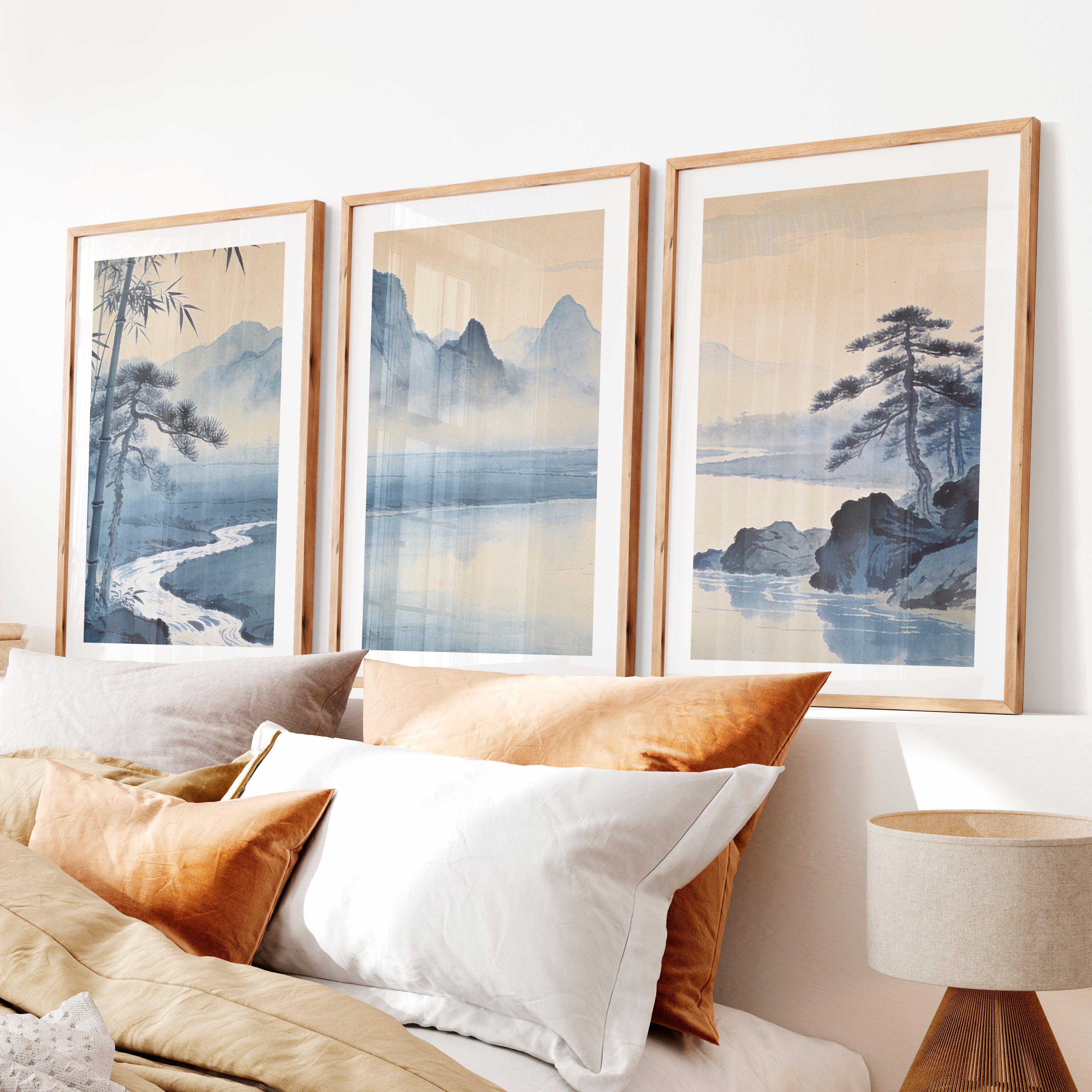 Mountain River japandi wall art with Bamboo- Natural Wood Framed Poster with White Border - Artworksets