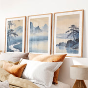 Mountain River japandi wall art with Bamboo- Natural Wood Framed Poster with White Border - Artworksets