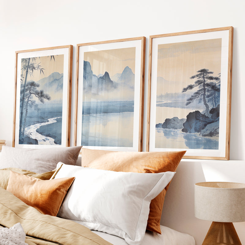 Mountain River japandi wall art with Bamboo- Natural Wood Framed Poster with White Border - Artworksets