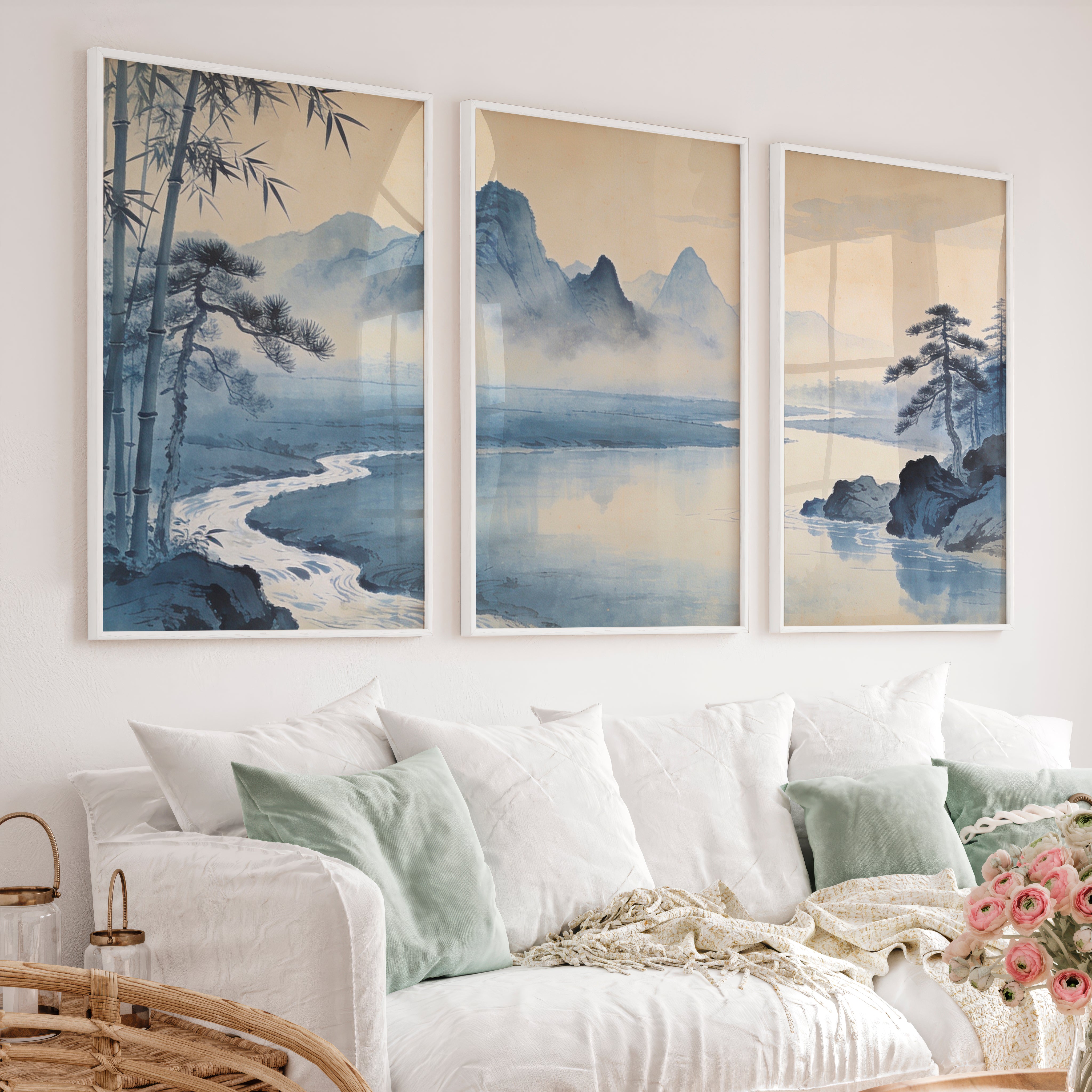 Mountain River japandi wall art with Bamboo - White Framed Poster No Border - Artworksets