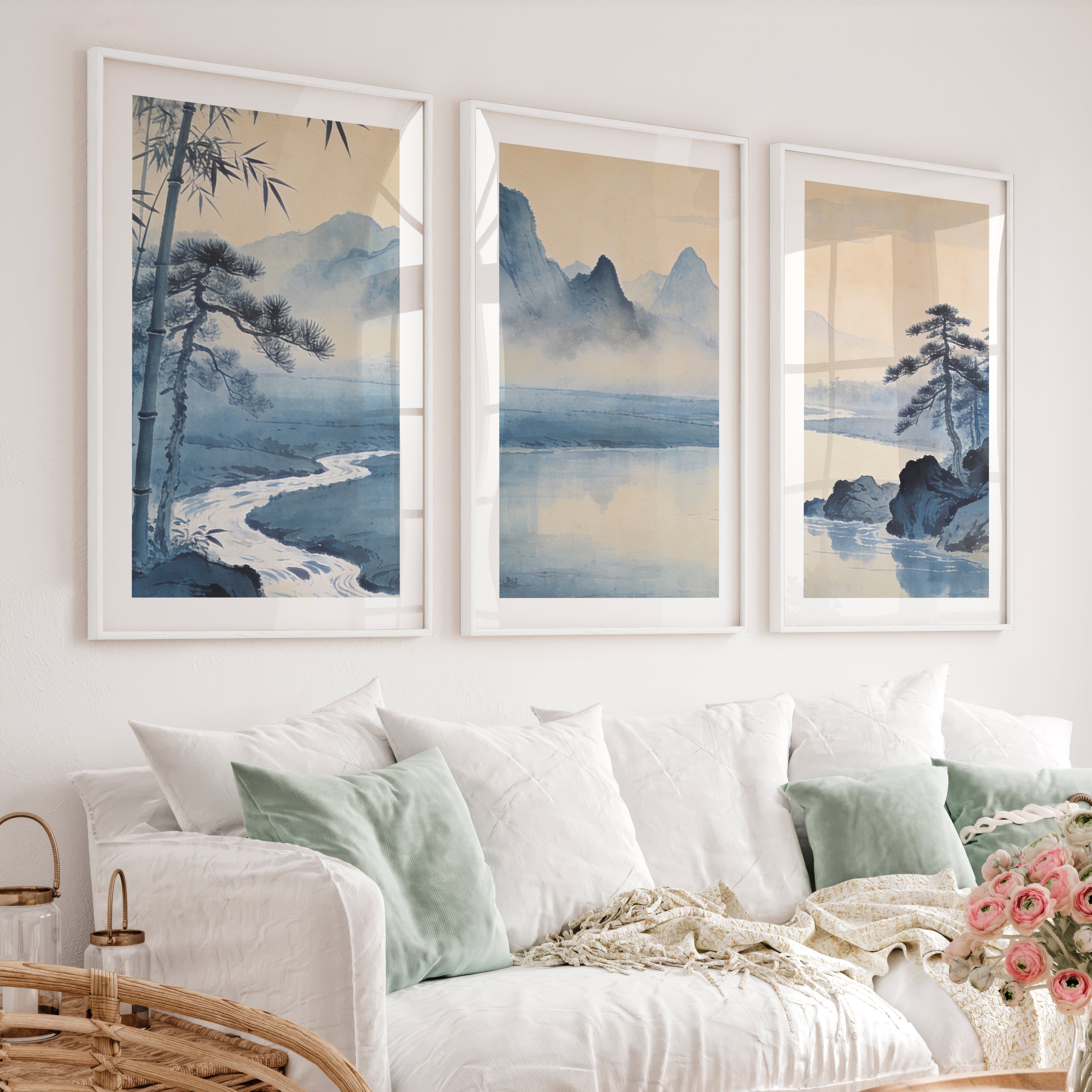 Mountain River japandi wall art with Bamboo - White Framed Poster with White Border - Artworksets