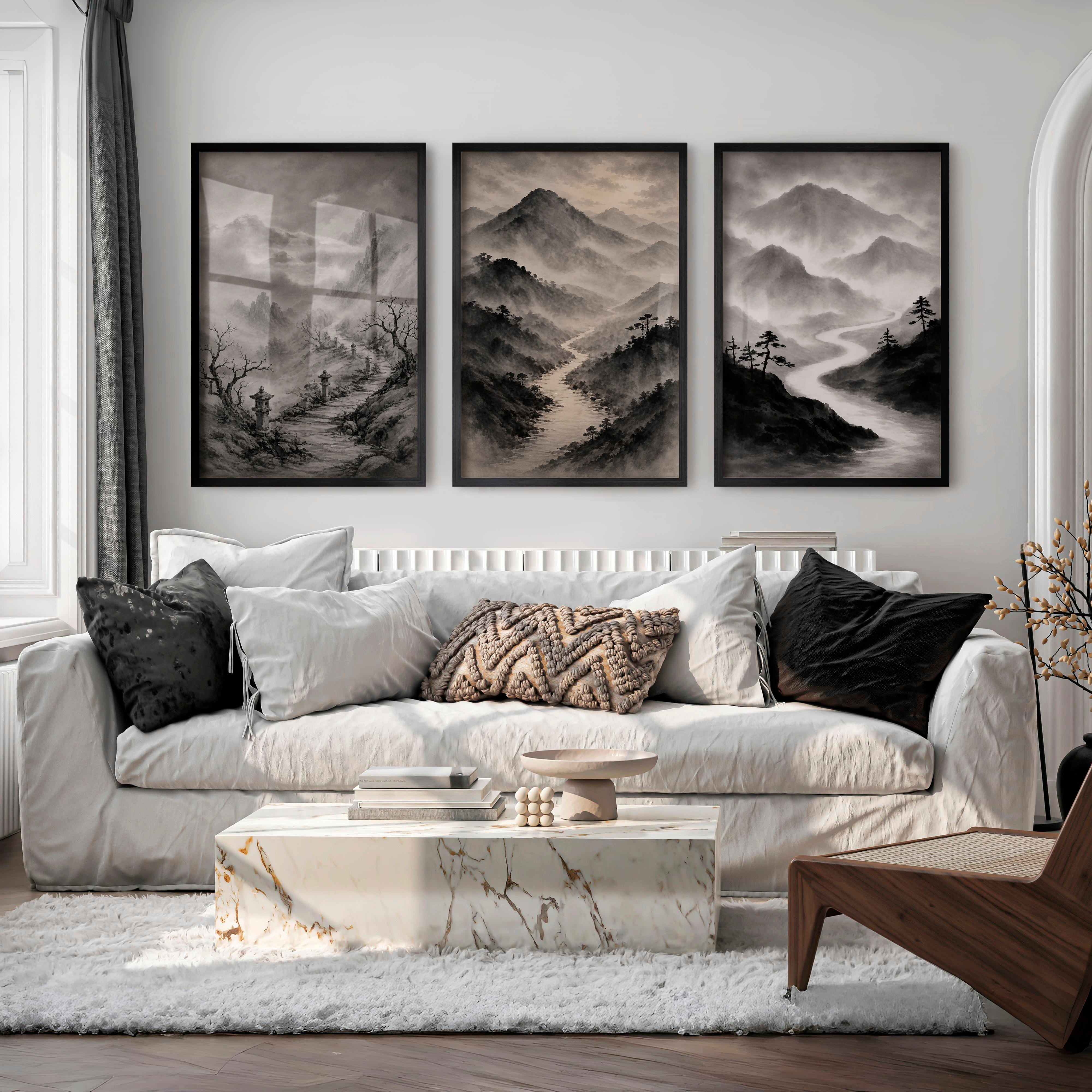 Misty Mountain Path japandi wall art - Black Framed Poster No Border - Artworksets