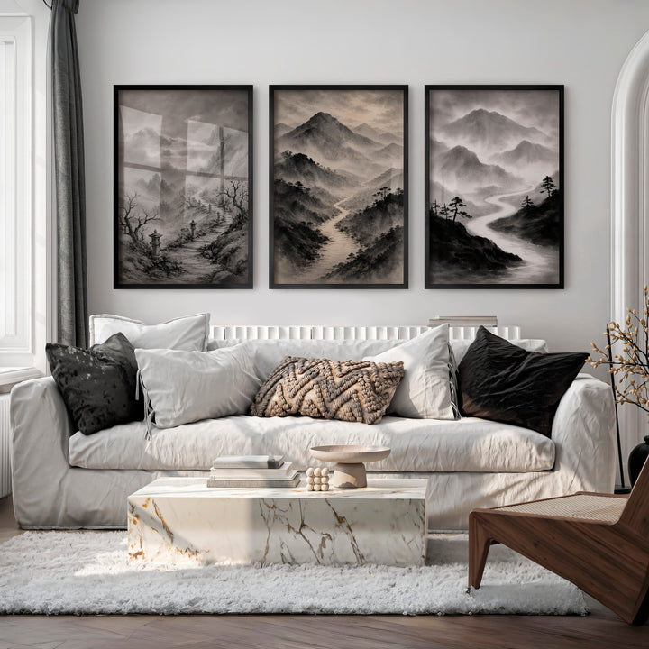 Misty Mountain Path japandi wall art - Black Framed Poster No Border - Artworksets