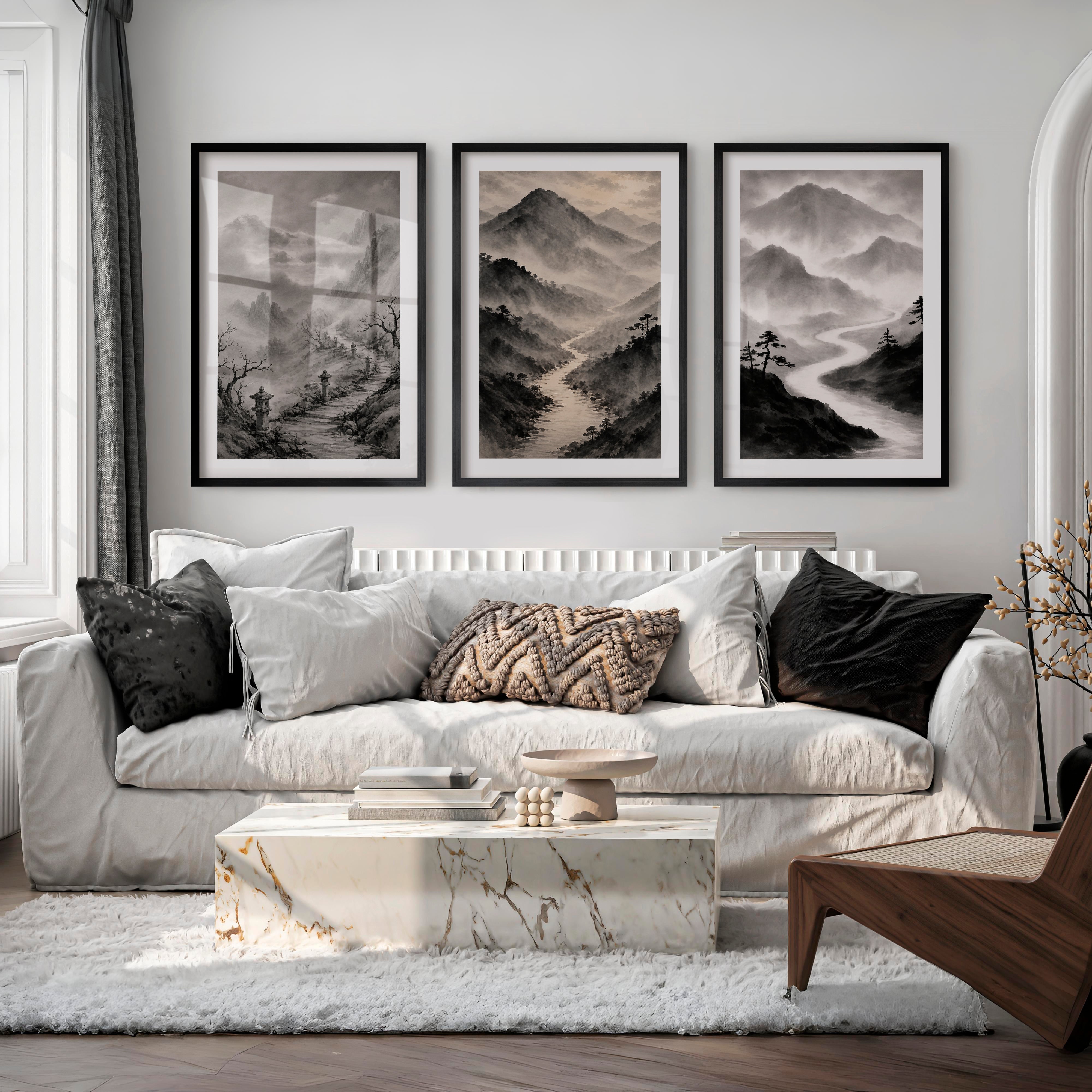 Misty Mountain Path japandi wall art - Black Framed Poster with White Border - Artworksets