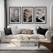 Misty Mountain Path japandi wall art - Black Framed Poster with White Border - Artworksets