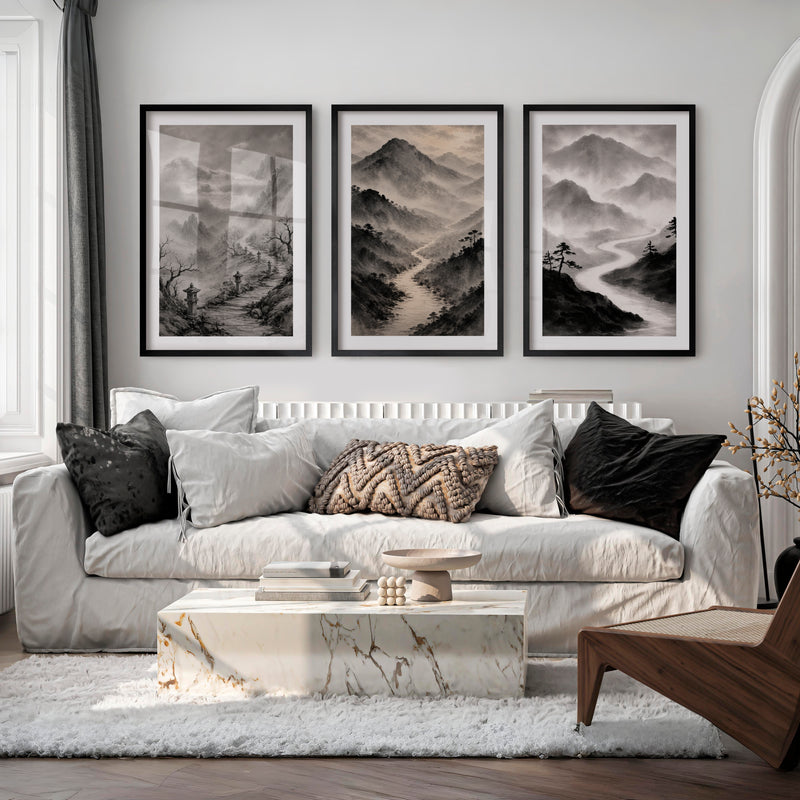 Misty Mountain Path japandi wall art - Black Framed Poster with White Border - Artworksets