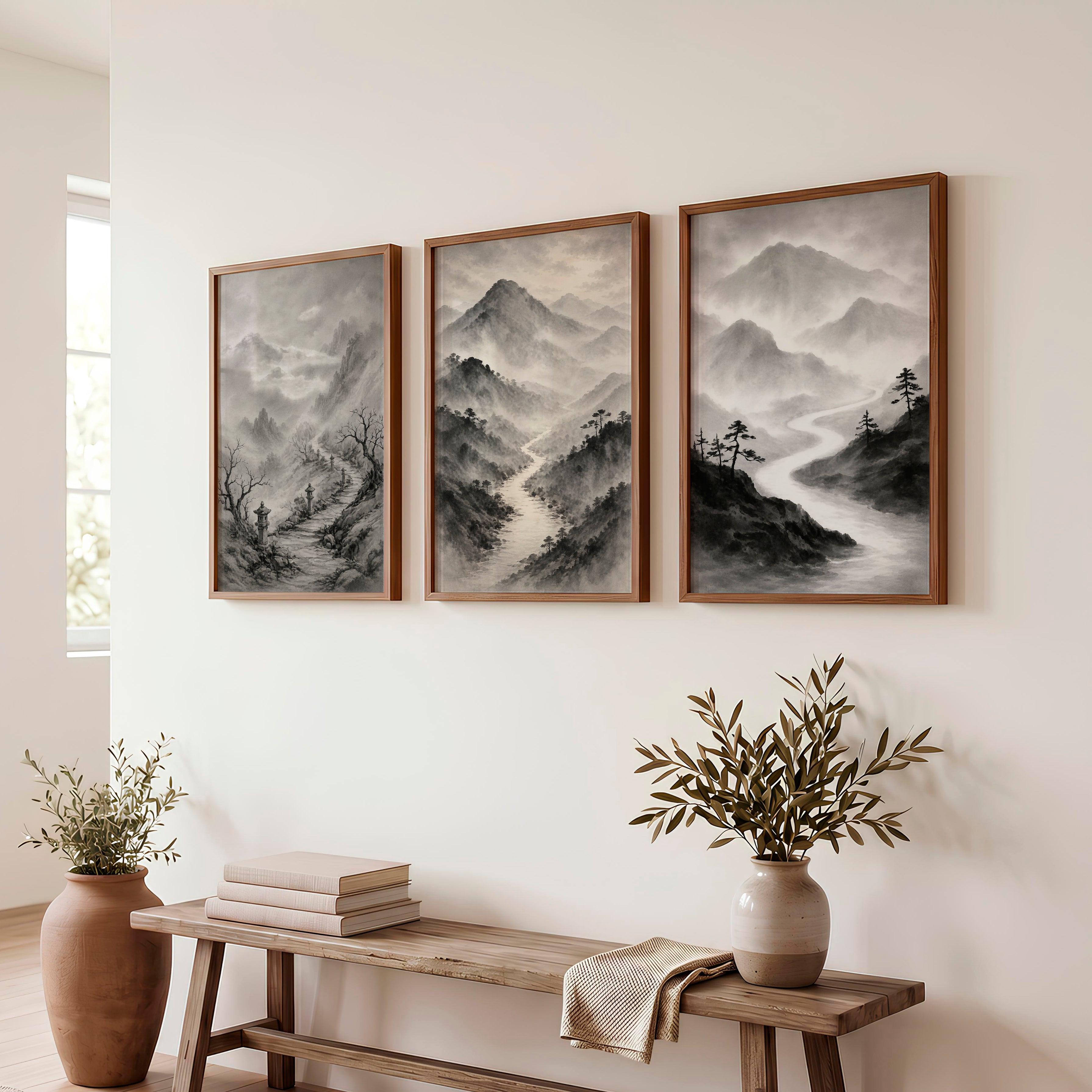 Misty Mountain Path japandi wall art - Dark Brown Framed Poster No Border - Artworksets