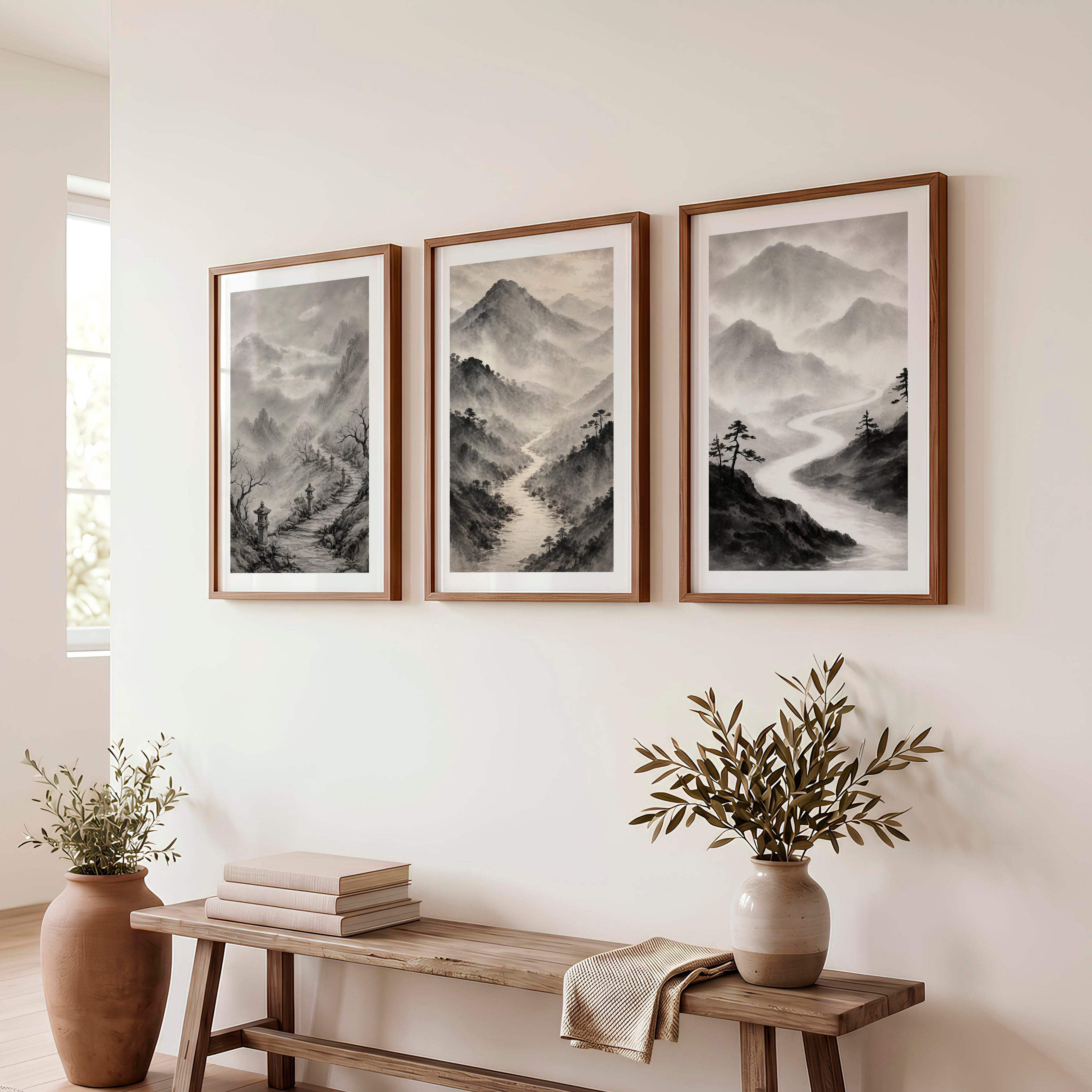 Misty Mountain Path japandi wall art - Dark Brown Framed Poster with White Border - Artworksets