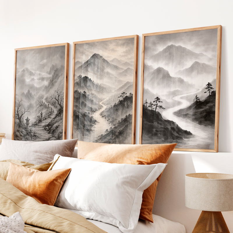 Misty Mountain Path japandi wall art - Natural Wood Framed Poster No Border - Artworksets